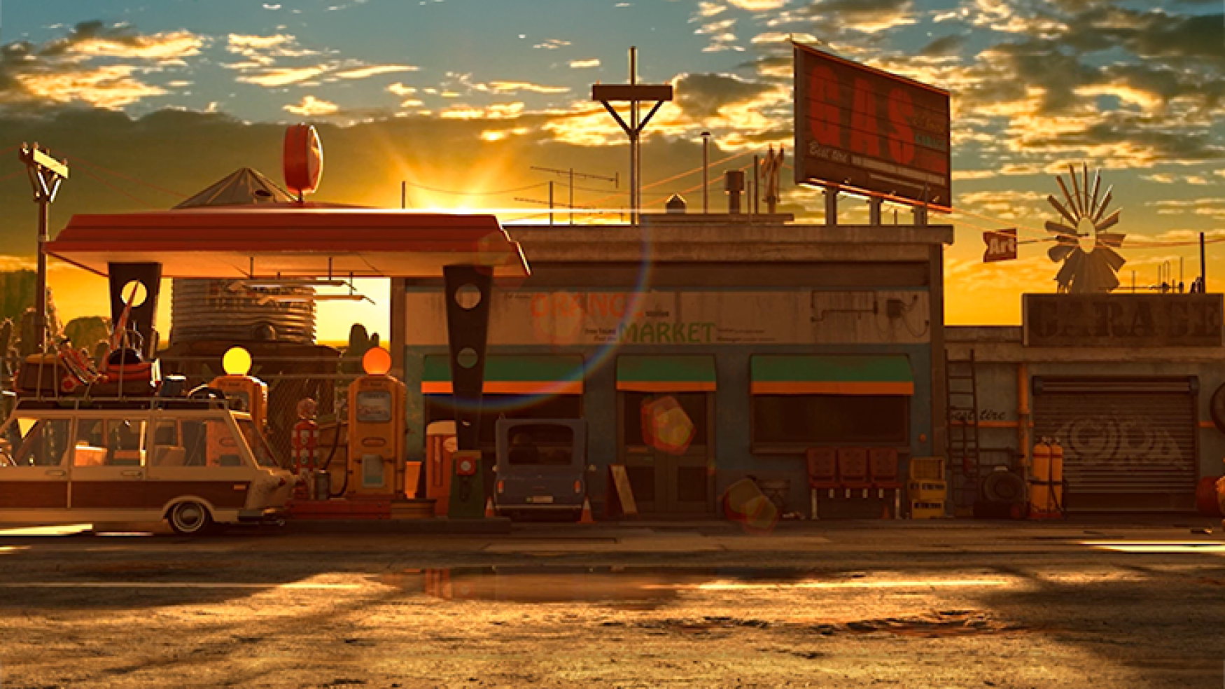 3D environment design - 3D environment modeling - A vintage gas station at sunset with an old van parked, creating a nostalgic atmosphere