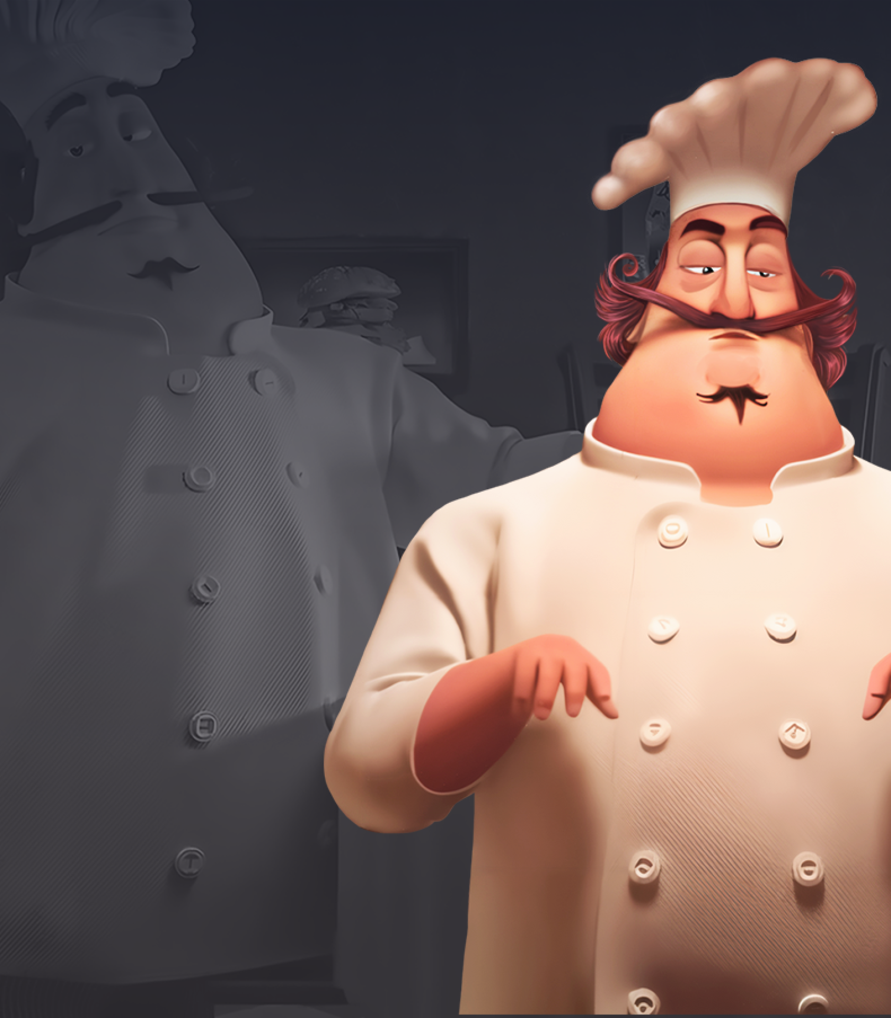 3D character modeling - 3D character design - a chef with a large mustache and a chef's hat