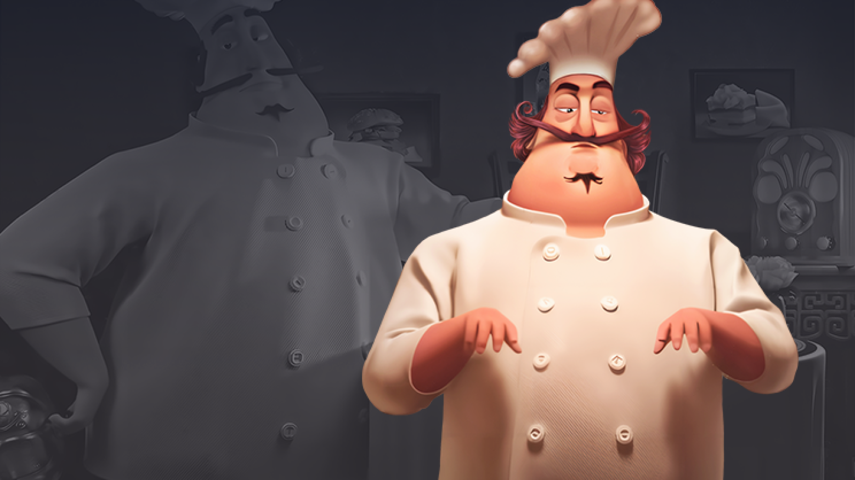 3D character modeling - 3D character design - a chef with a large mustache and a chef's hat