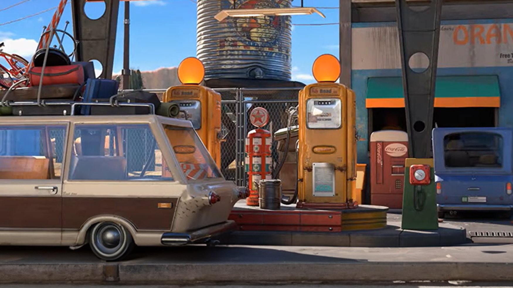 3D environment modeling- 3D environment design - Retro gas station with an old van parked, showcasing vintage fuel pumps and nostalgic details