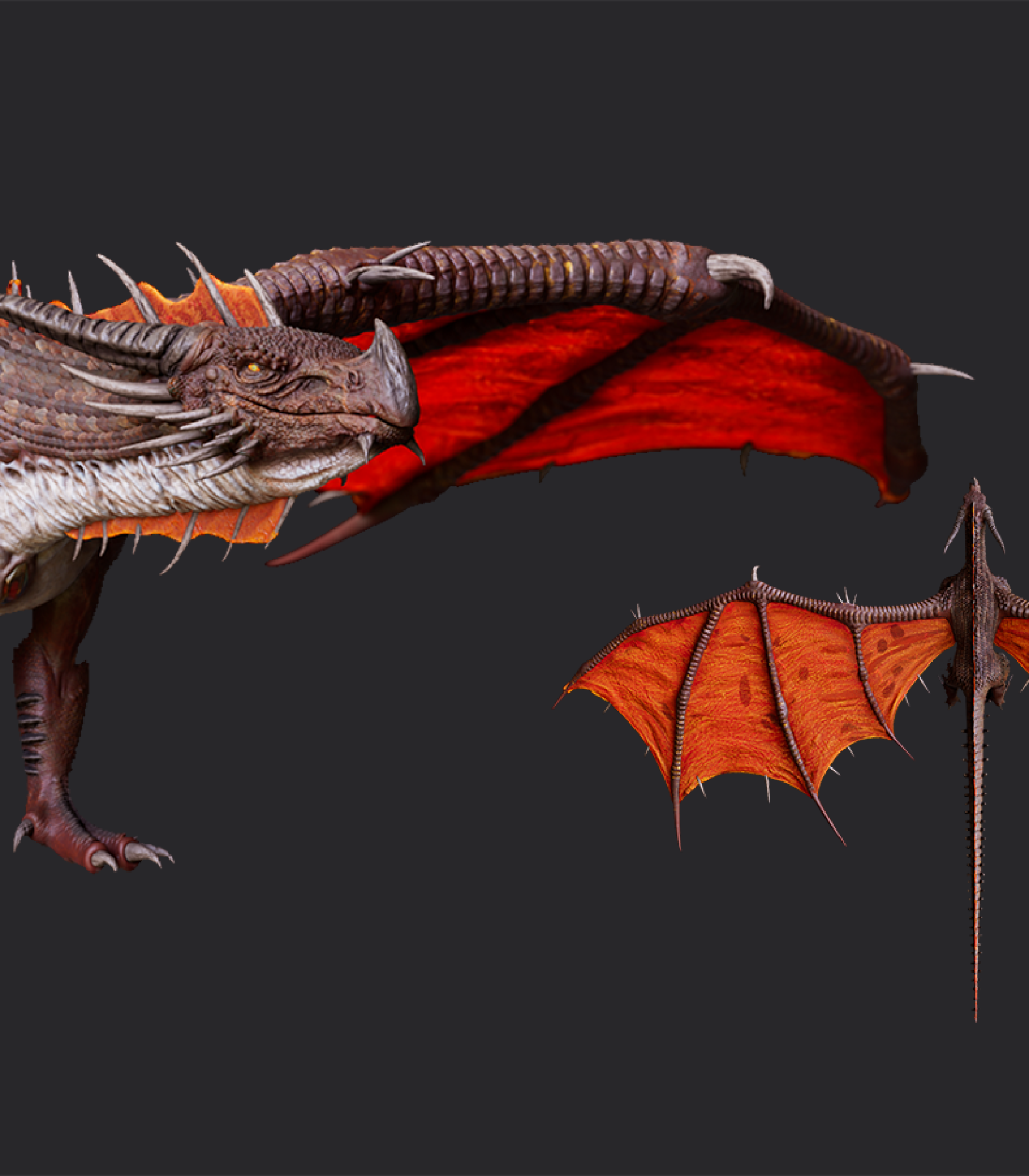 3D character design - game character design - 3D character modeling - realistic character design - a dragon with reddish-brown scales and large red wings