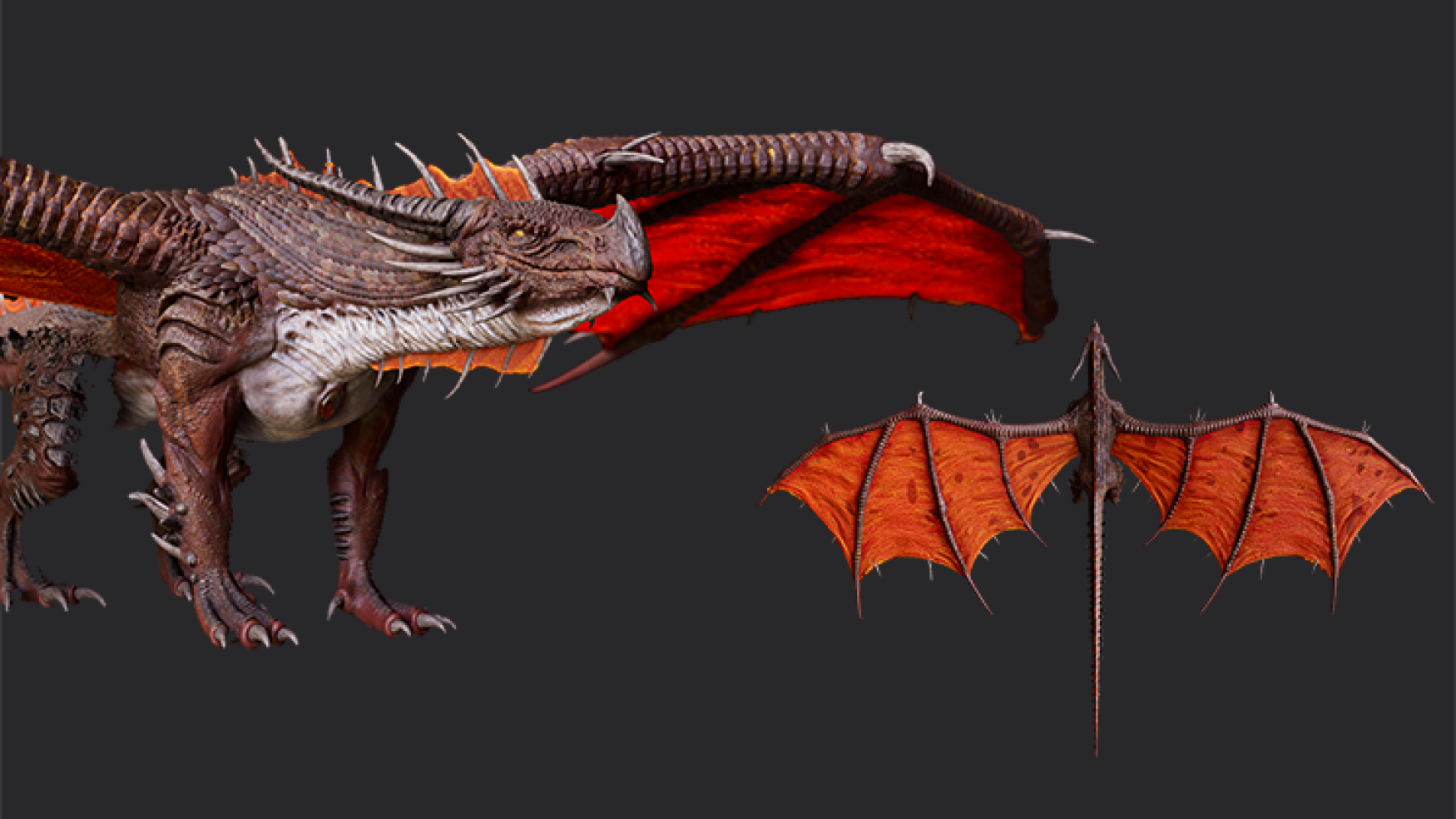 3D character design - game character design - 3D character modeling - realistic character design - a dragon with reddish-brown scales and large red wings