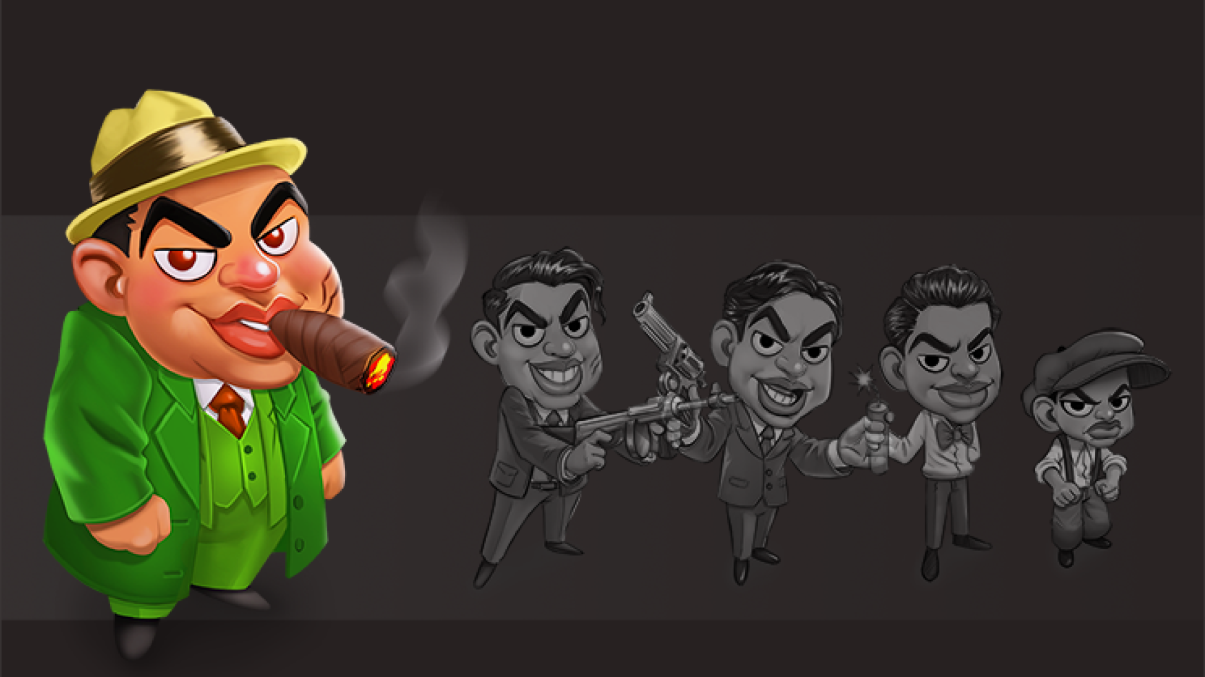 Game character - Concept art of a cartoon gangster character wearing a green suit and hat