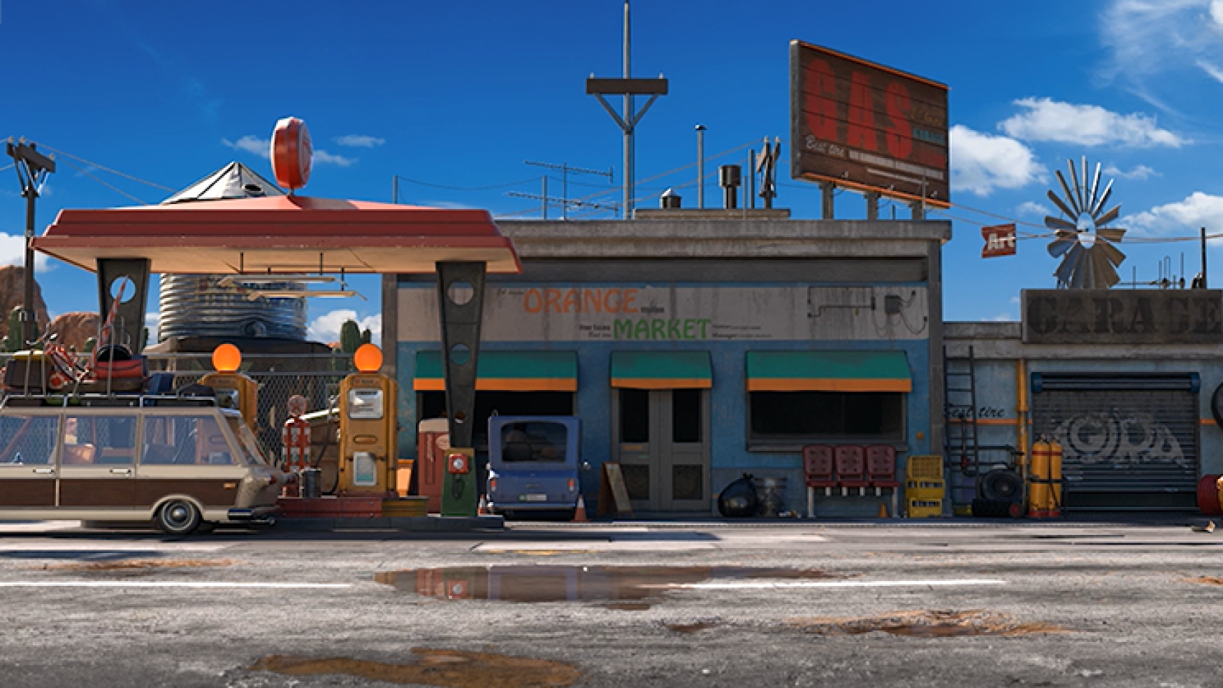 3D environment modeling - 3D environment design - Vintage gas station with retro signage, an old van, and a nostalgic atmosphere under a bright blue sky