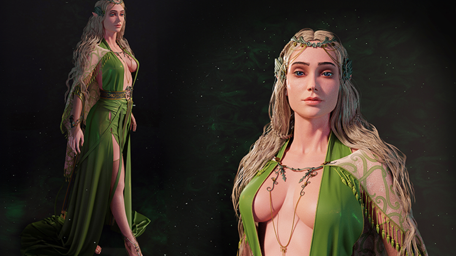 3D character design - 3D character modeling - 3D Woman Character Design - a woman with long blonde hair wearing an elaborate green dress