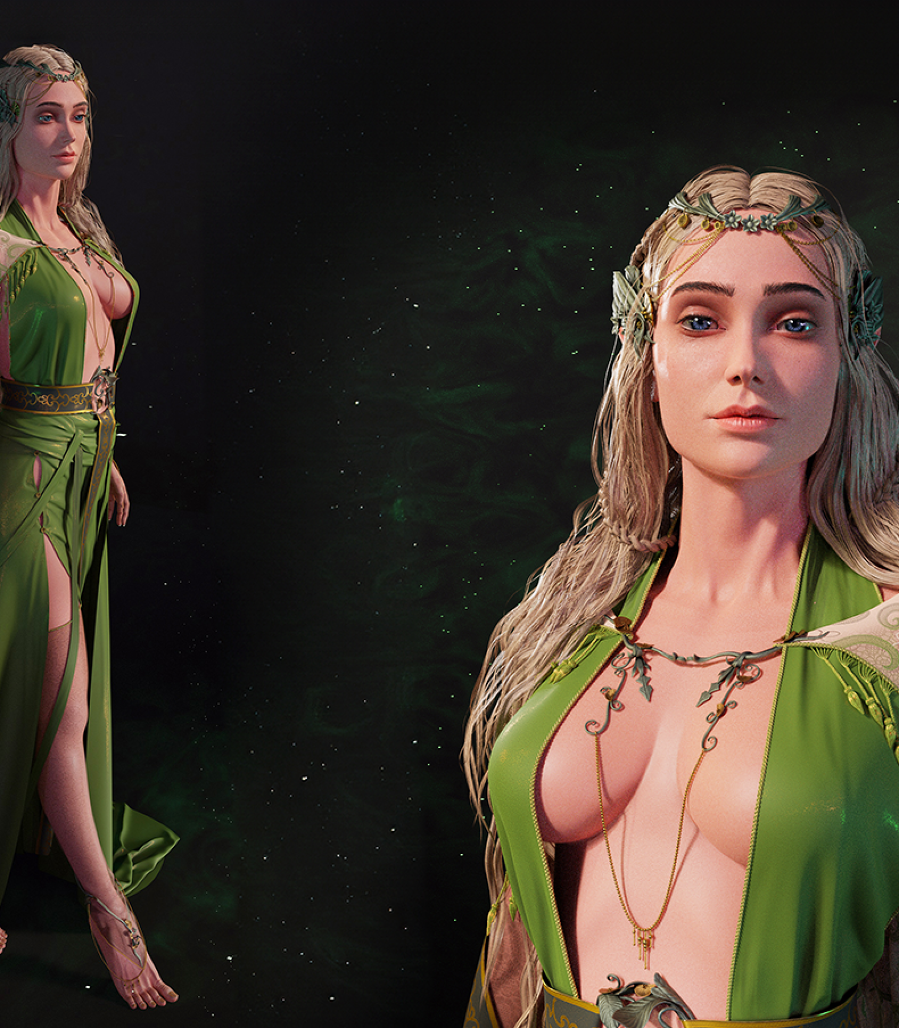 3D character design - 3D character modeling - 3D Woman Character Design - a woman with long blonde hair wearing an elaborate green dress