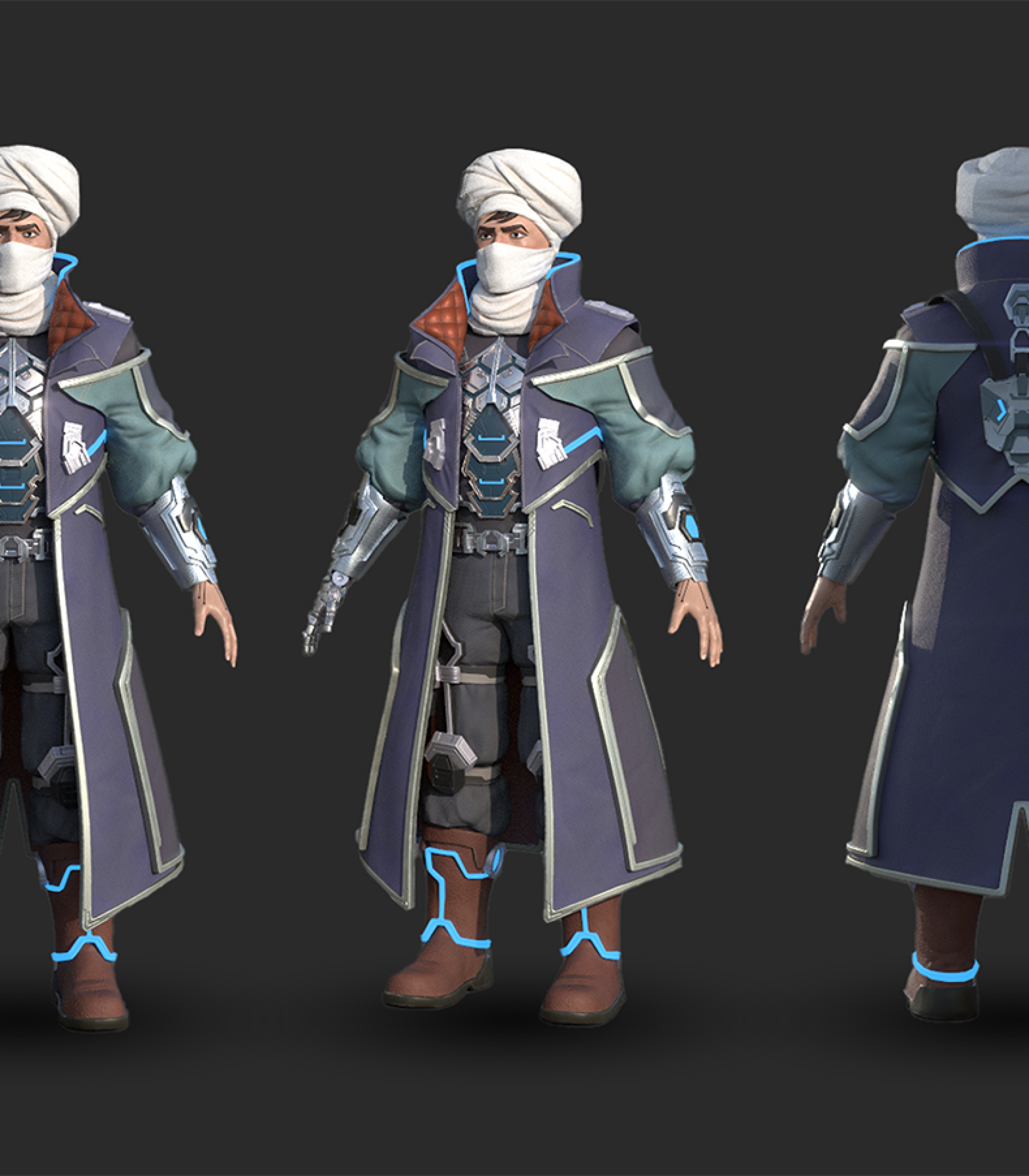 3D game character in dark blue robe with intricate patterns – design, modeling, and texturing