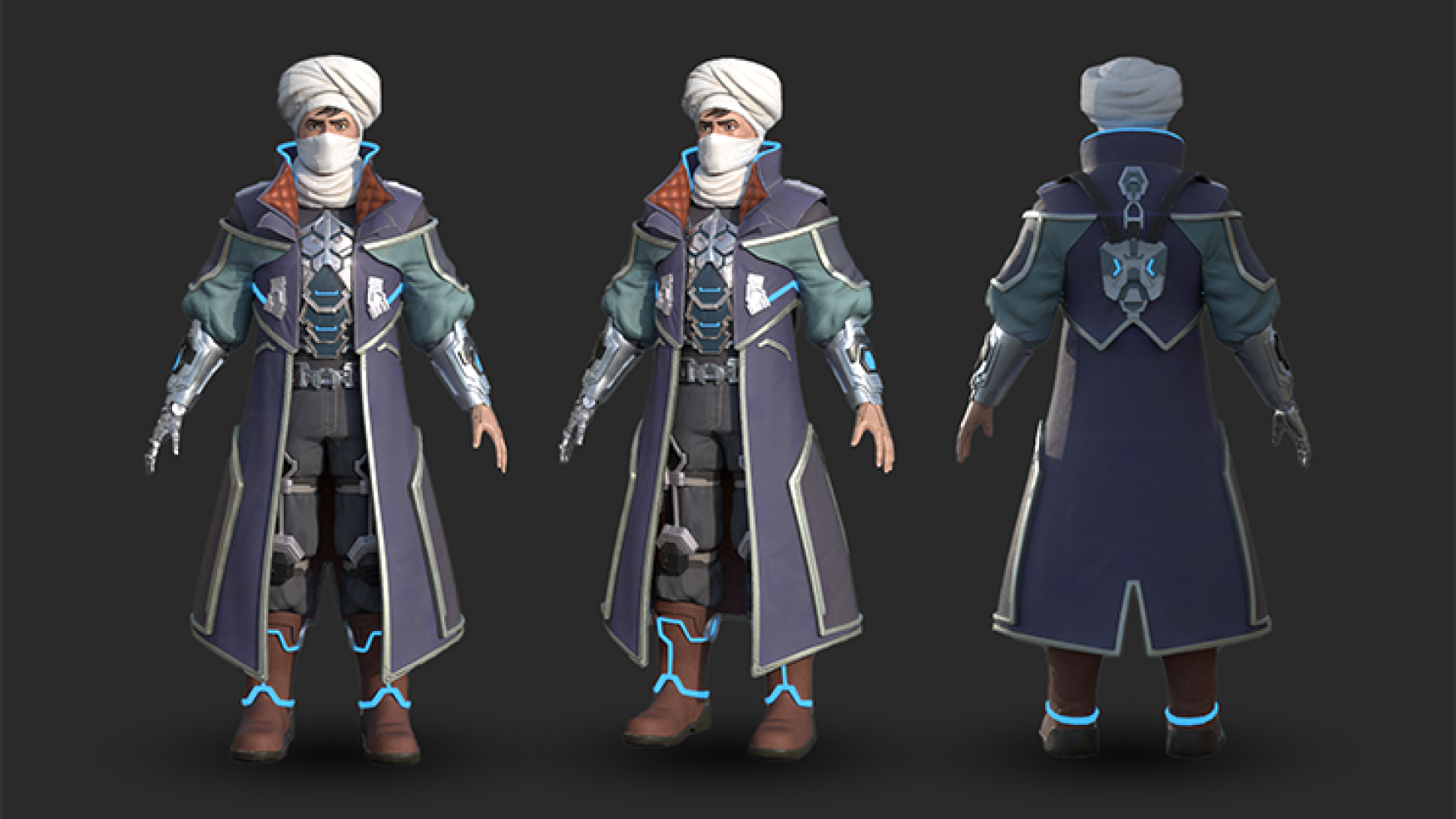 game character design - 3D art - 3D character texturing - 3D character design - 3D game character modeling - wearing a dark blue robe with intricate patterns