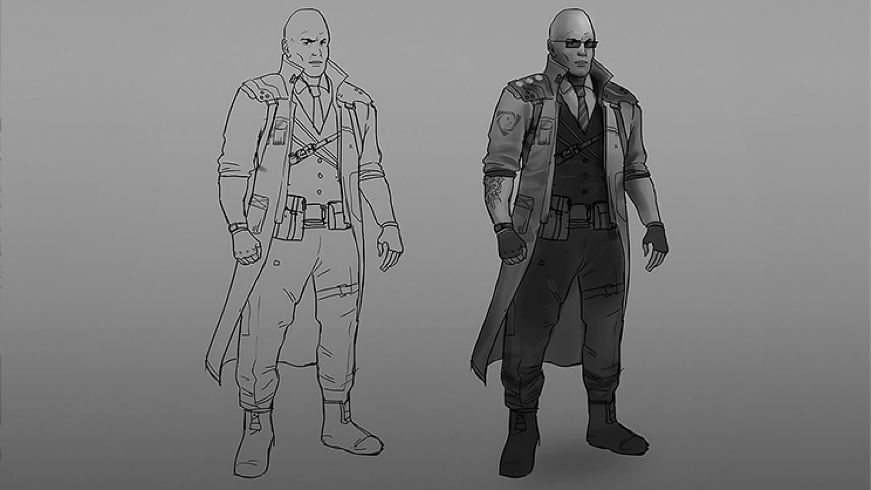 Character concept art - Concept art of a muscular, bald male character wearing a long trench coat