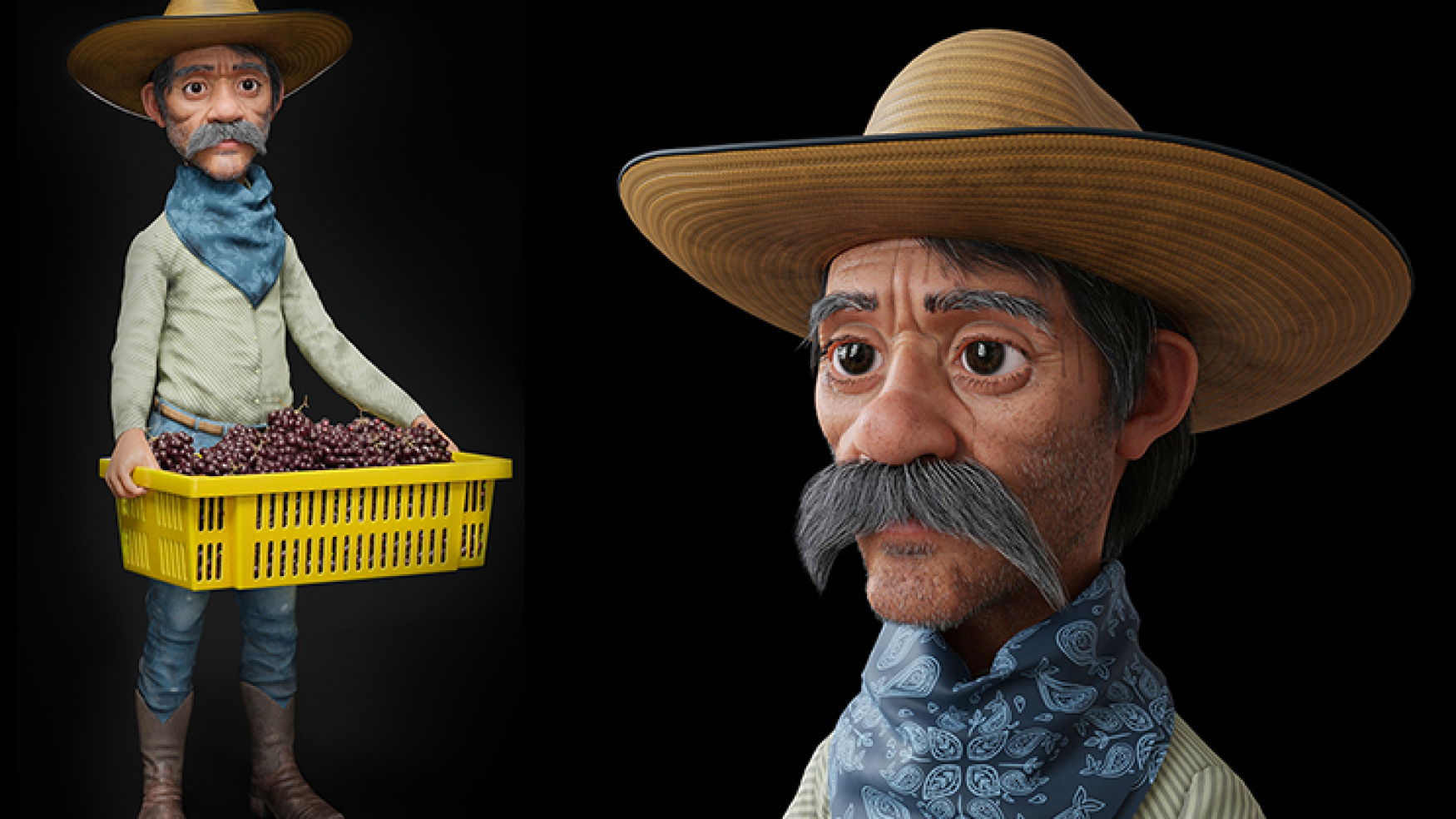 3D character modeling - realistic character design - game character design - 3D game Old Man Character Design - a man with a large mustache wearing a cowboy hat and a blue bandana