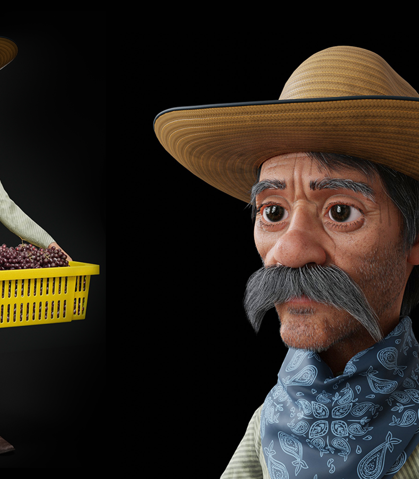 3D character modeling - realistic character design - game character design - 3D game Old Man Character Design - a man with a large mustache wearing a cowboy hat and a blue bandana