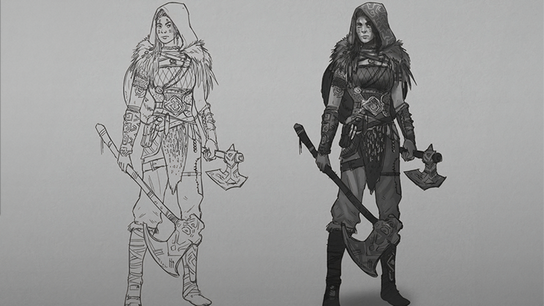 character concept art - Character black and white concept art - Concept art of a hooded warrior character holding an axe