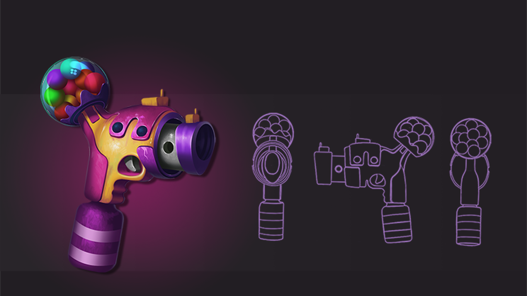 2D game art - weapon model sheet - weapon concept art - 2D game weapon design - A colorful gun with a round chamber filled with multi-colored balls