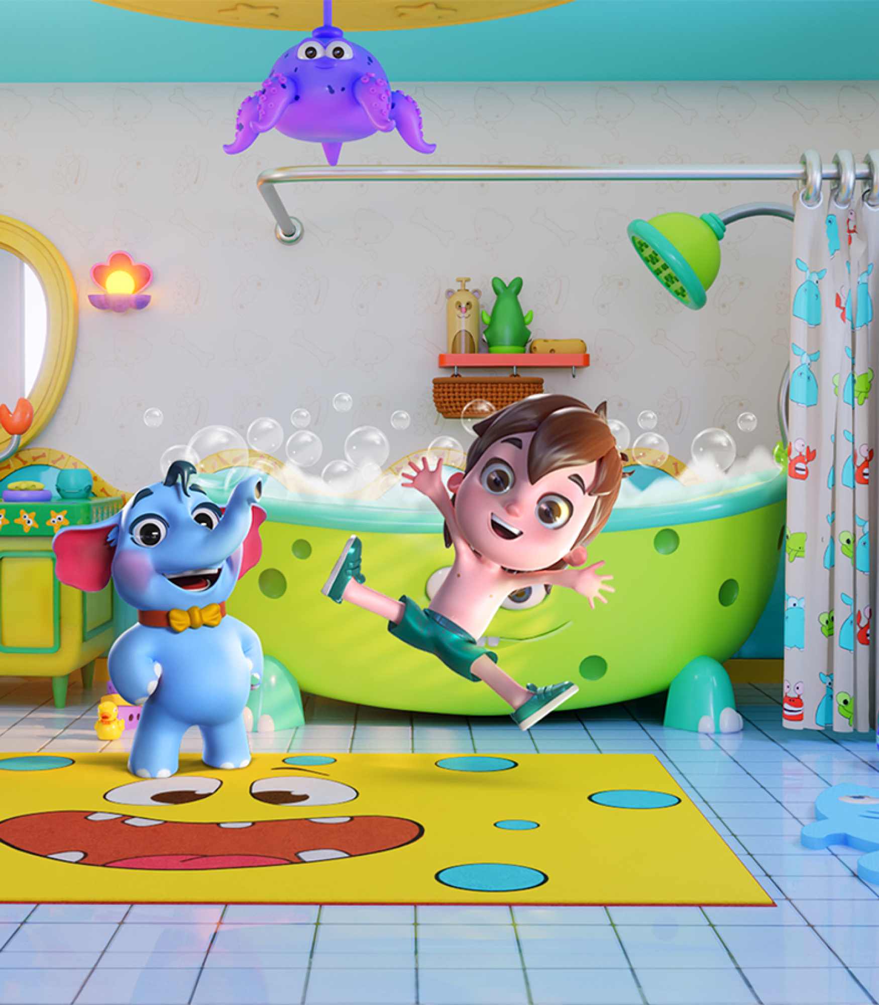 3D environment modeling - 3D environment design - A playful bathroom scene with a blue elephant and a boy jumping out of a bubble-filled bathtub, surrounded by colorful decor and toys