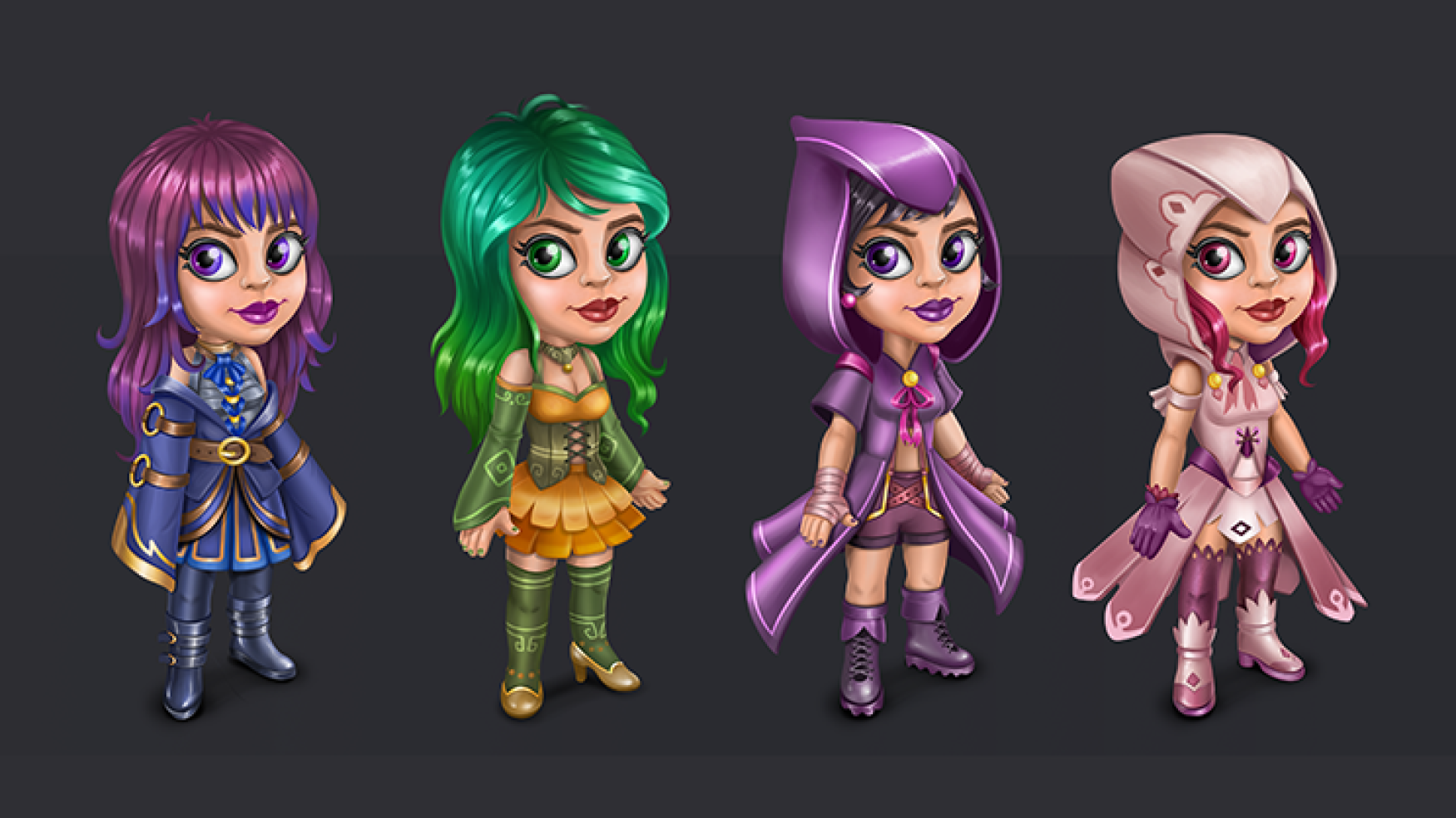 game character design - stylized character design - 2D game character design in 4 versions