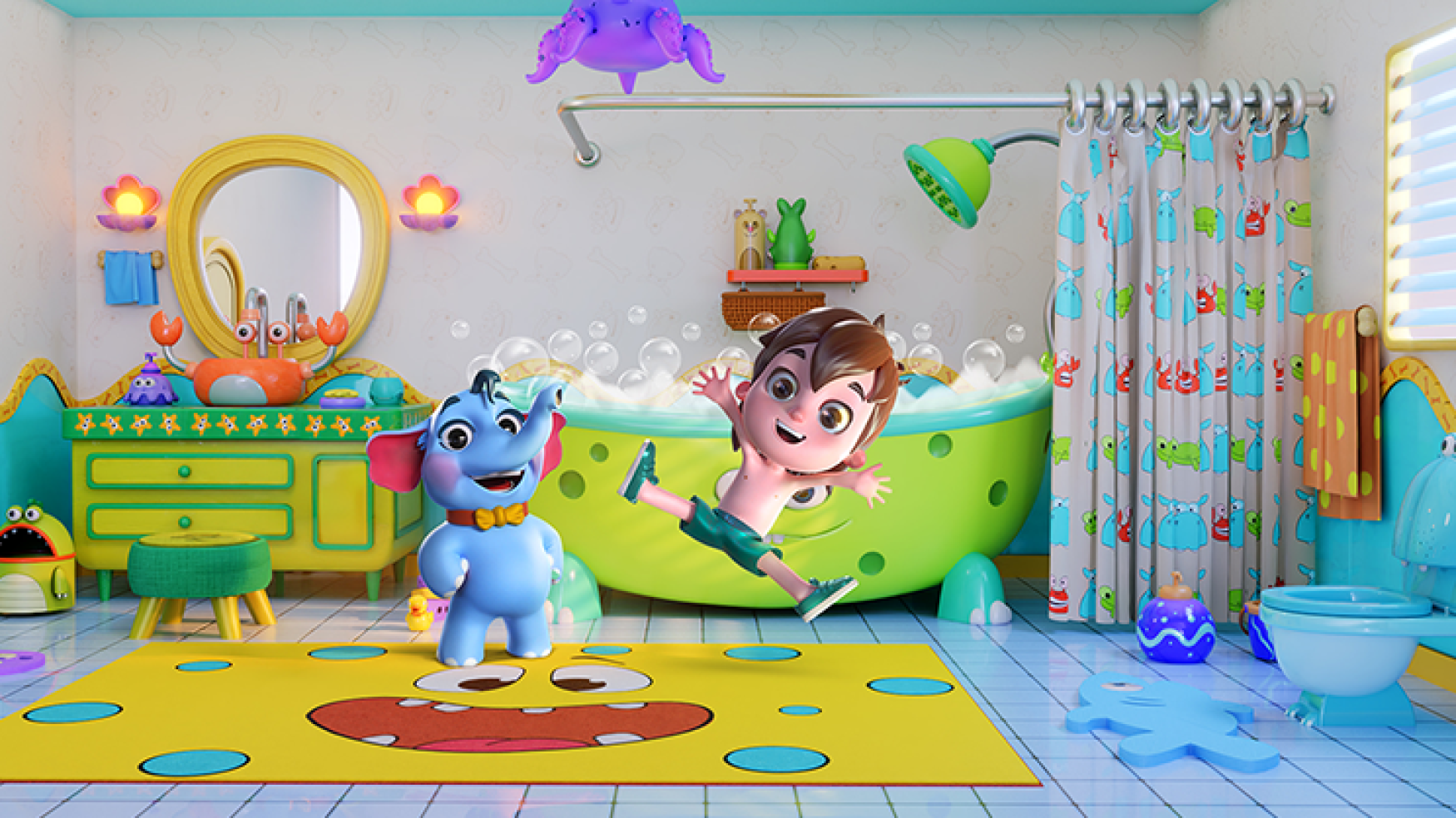 3D environment modeling - 3D environment design - A playful bathroom scene with a blue elephant and a boy jumping out of a bubble-filled bathtub, surrounded by colorful decor and toys