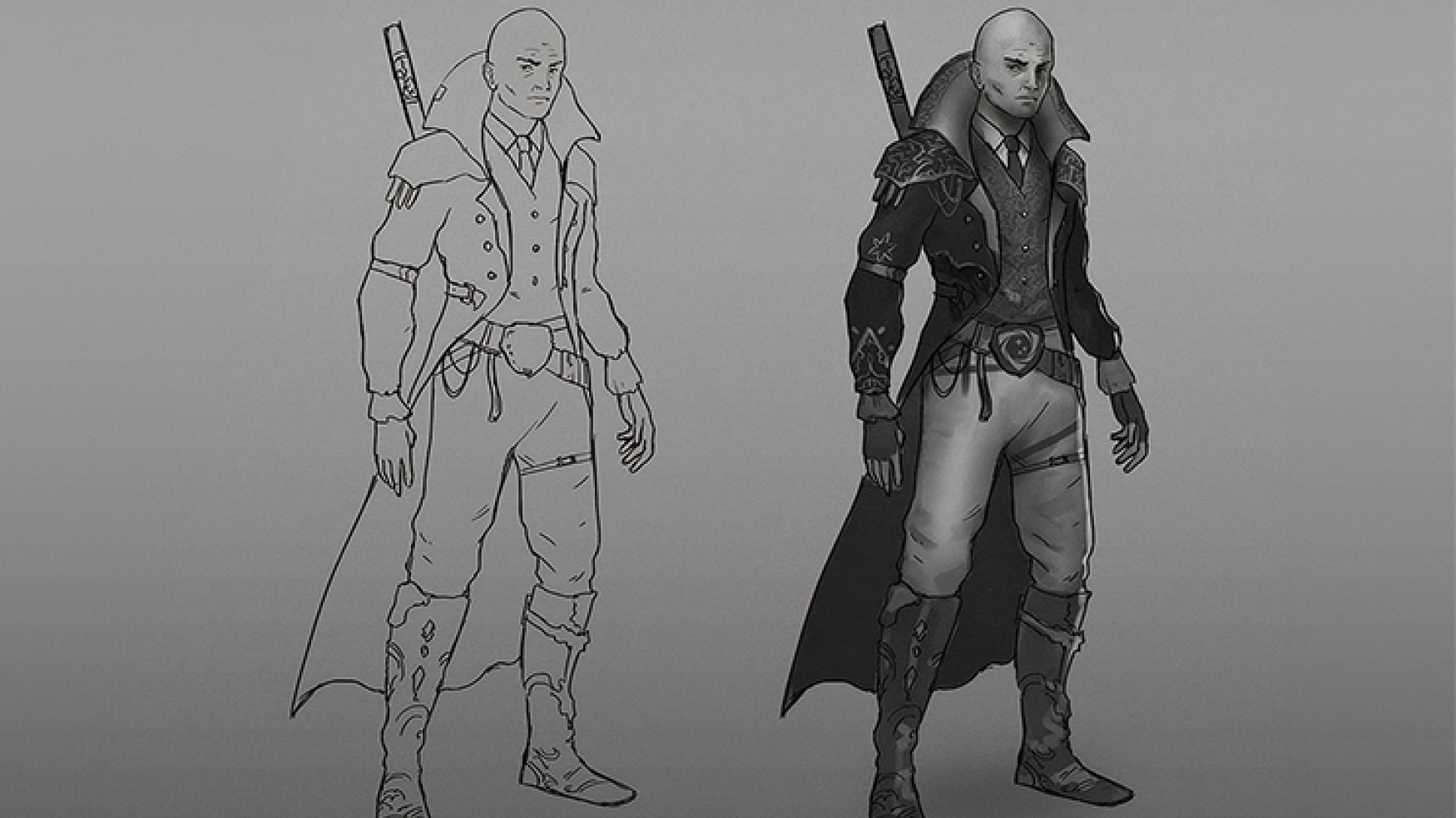 character concept art - Character black and white concept art - Concept art of a bald warrior character holding a sword,