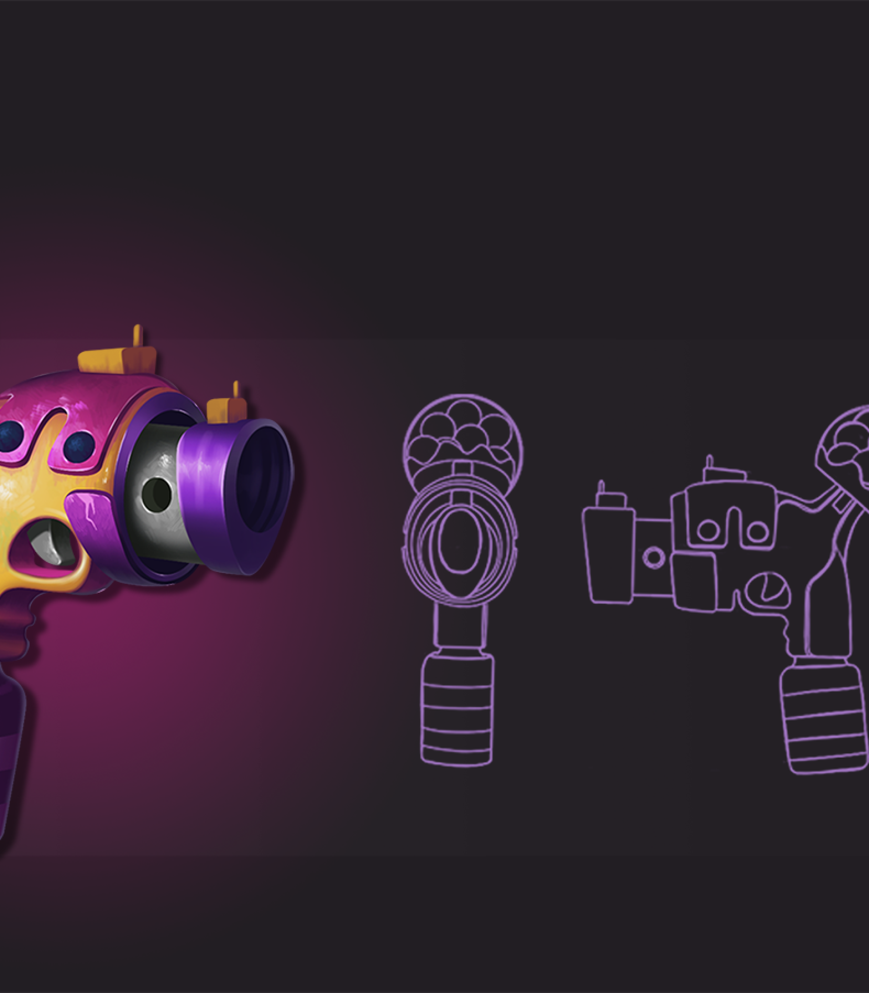 2D game art - weapon model sheet - weapon concept art - 2D game weapon design - A colorful gun with a round chamber filled with multi-colored balls