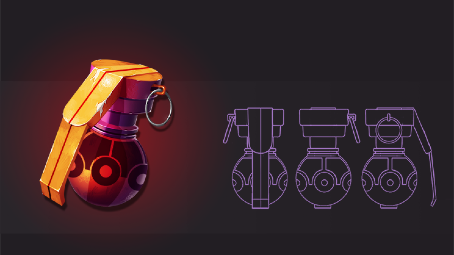 2D game weapon design-prop design - game art - Game art of a stylized grenade featuring a sleek design with an orange handle and a red, spherical body with circular patterns