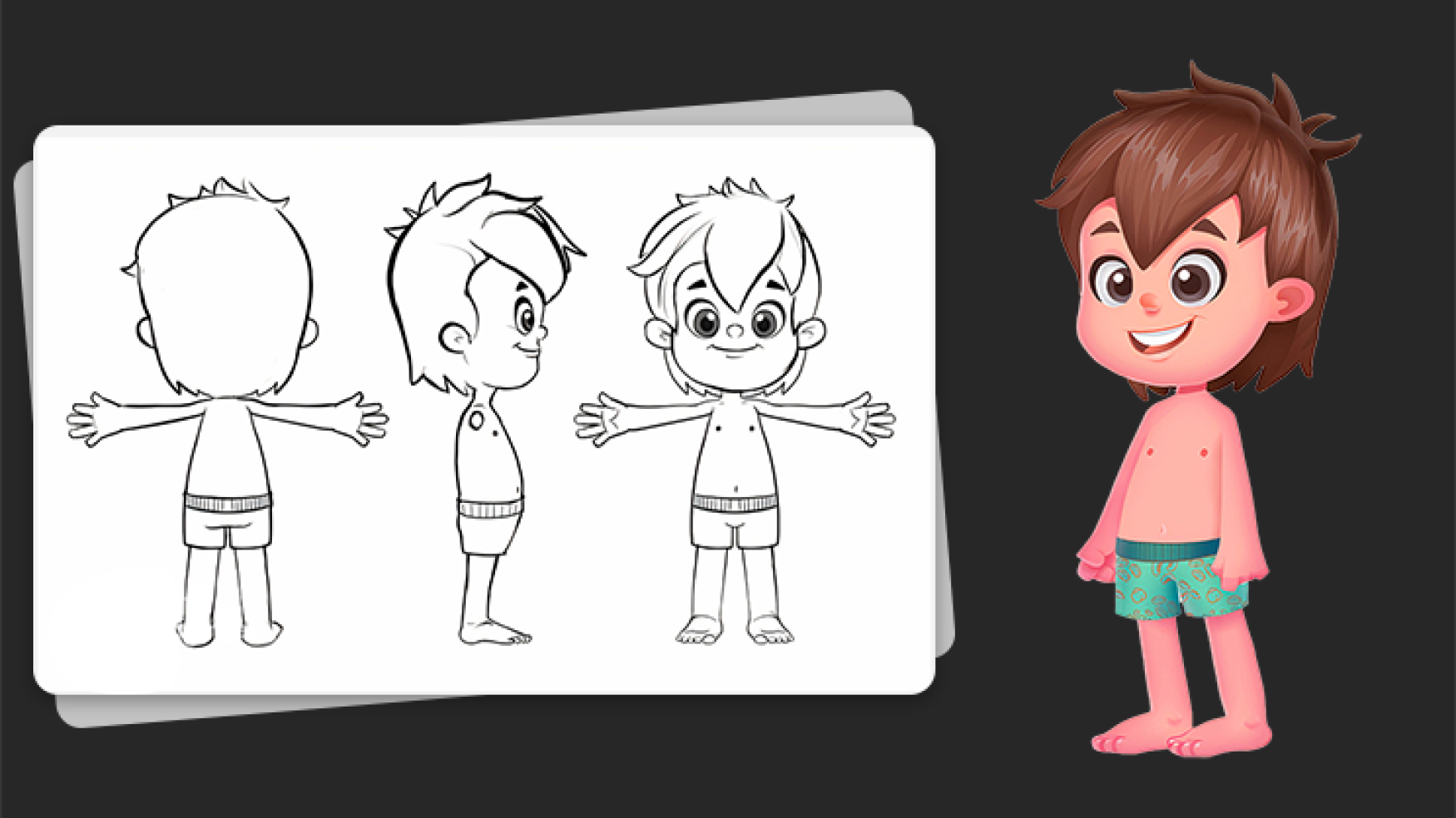 Character concept art - character model sheet - Concept art of a cartoon boy character with brown hair