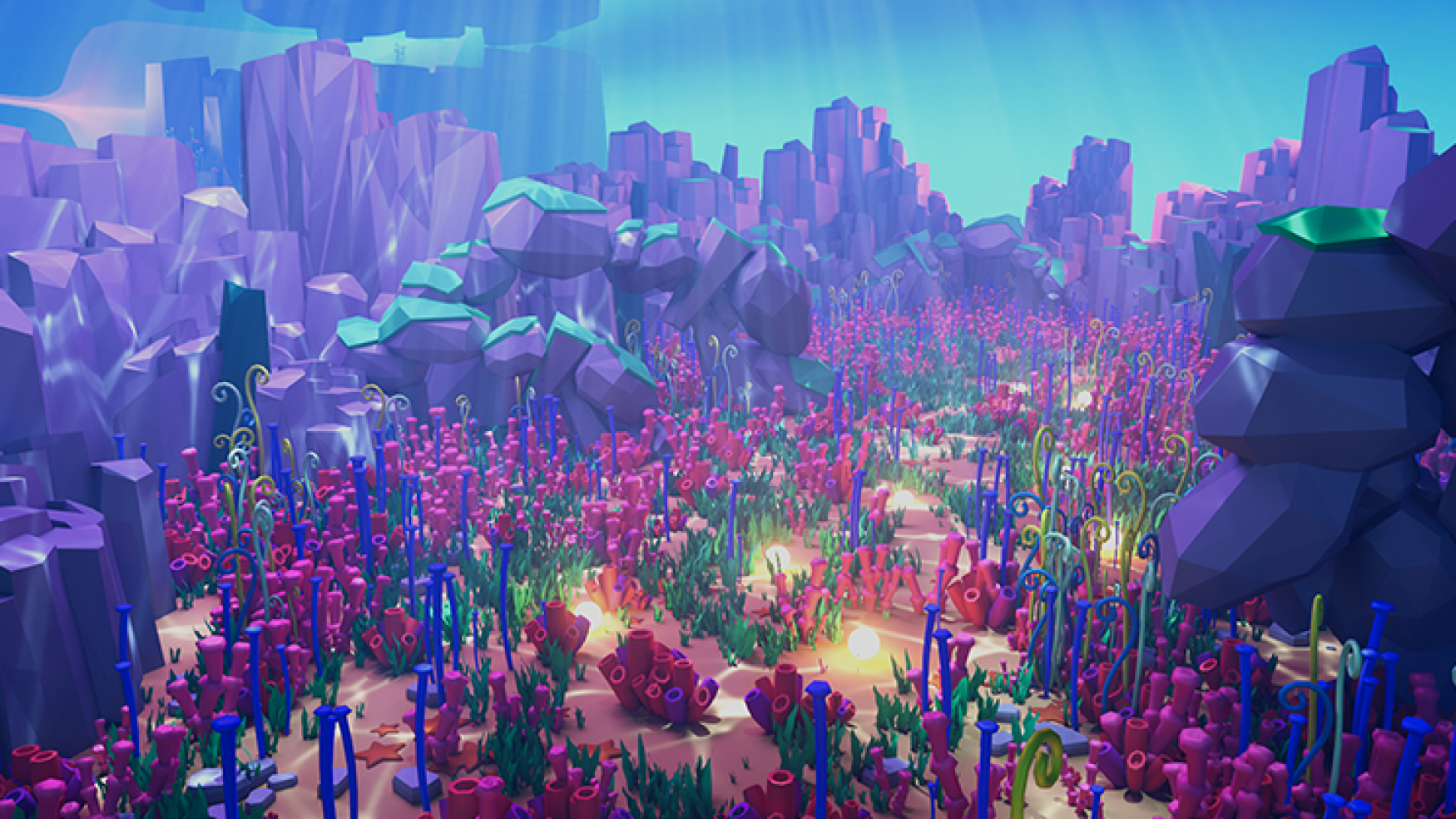 3D environment design - 3D environment modeling - A vibrant underwater landscape filled with colorful coral formations and rocky structures