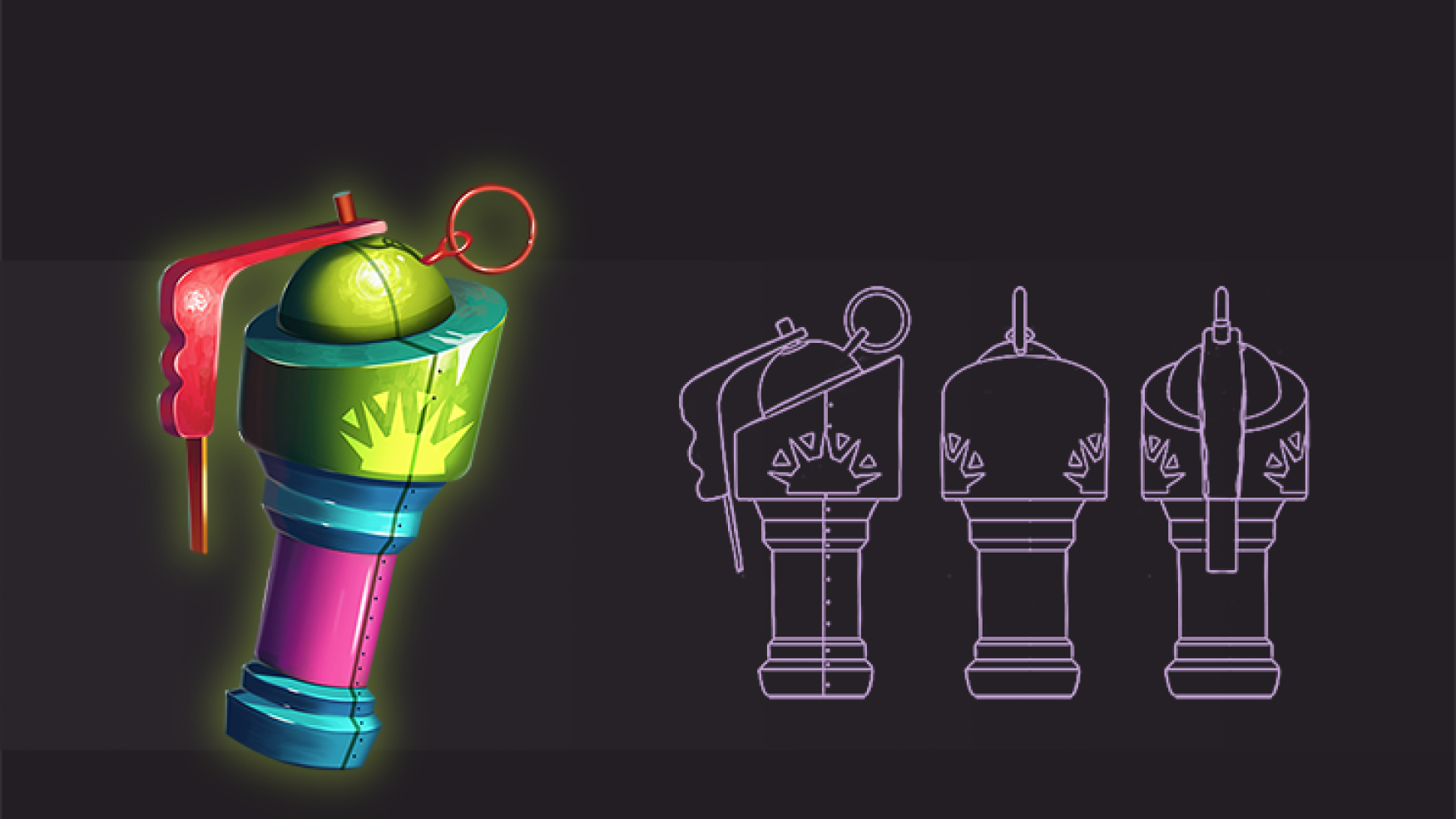 2D game art - weapon concept art design -weapon model sheet - Game art of a colorful, stylized grenade featuring a vibrant design with a green spherical top, pink and blue body, and red handle.