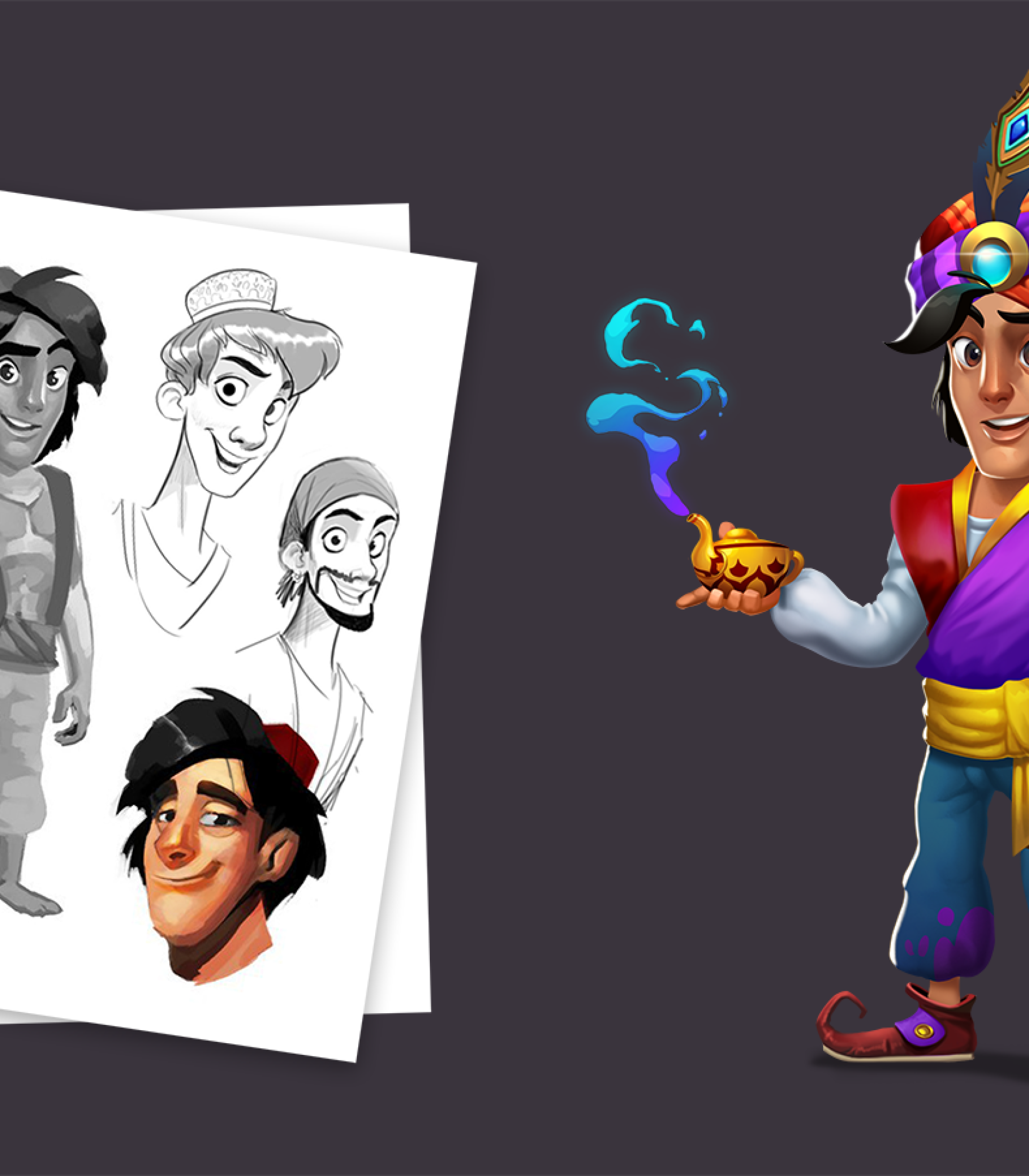 Aladdin character concept art - Concept art of a cartoon character inspired by a traditional Arabian figure