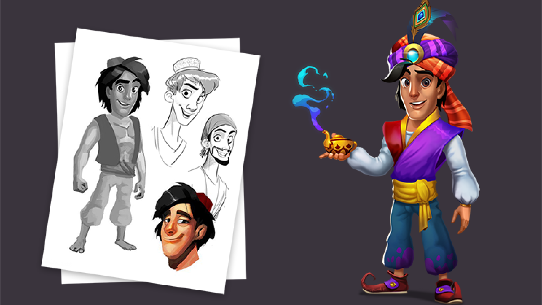 Aladdin character concept art - Aladdin character concept art - Concept art of a cartoon character inspired by a traditional Arabian figure