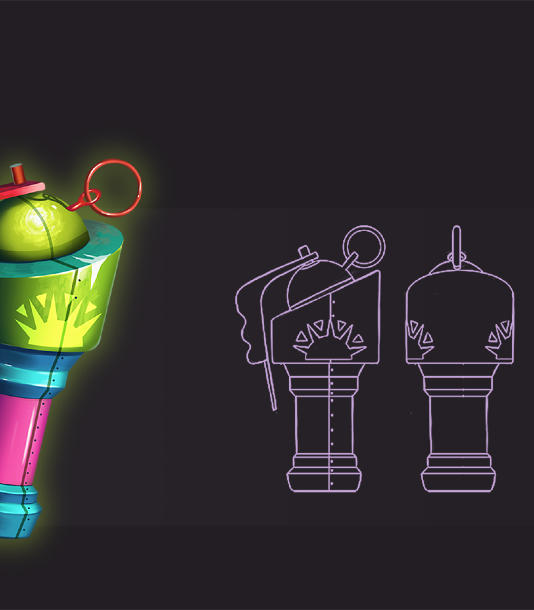 2D game art - weapon concept art design -weapon model sheet - Game art of a colorful, stylized grenade featuring a vibrant design with a green spherical top, pink and blue body, and red handle.