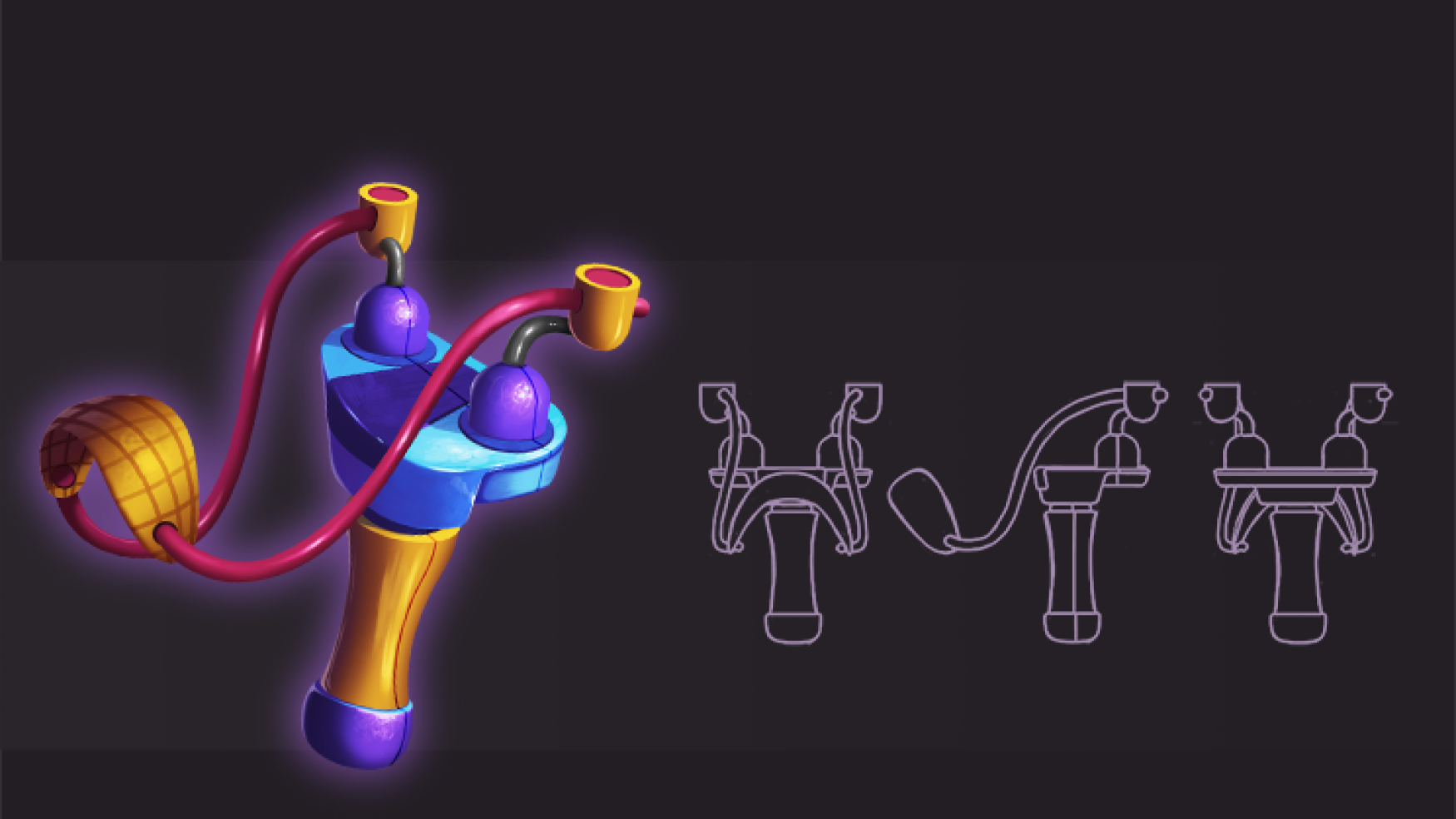 2D game weapon design -weapon model sheet - prop design - 2D Game art of a colorful, stylized slingshot shown from the front