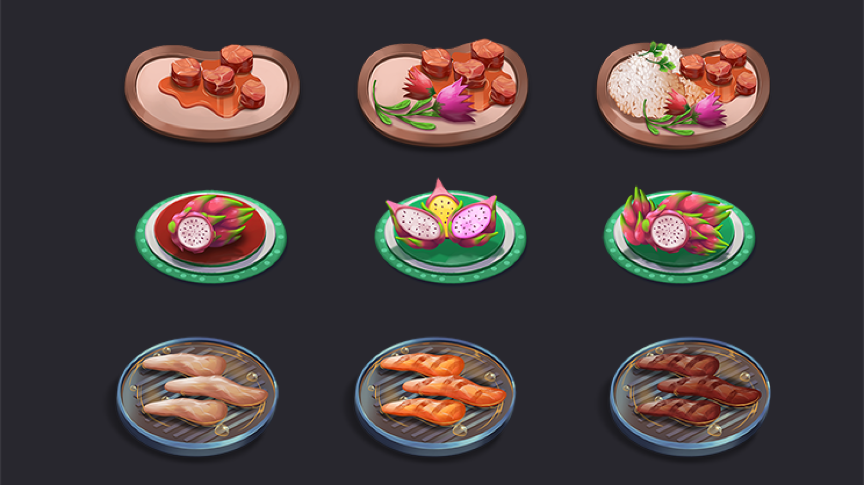 2D game asset design - 2D game art - prop design - Game art of various food dishes displayed on plates