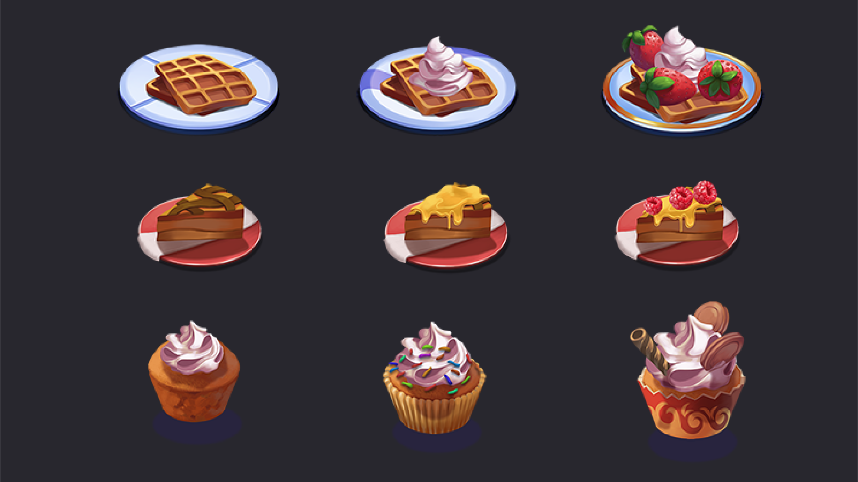 2D game asset design - 2D game art - prop design - 2D Game art of various dessert dishes displayed on plates