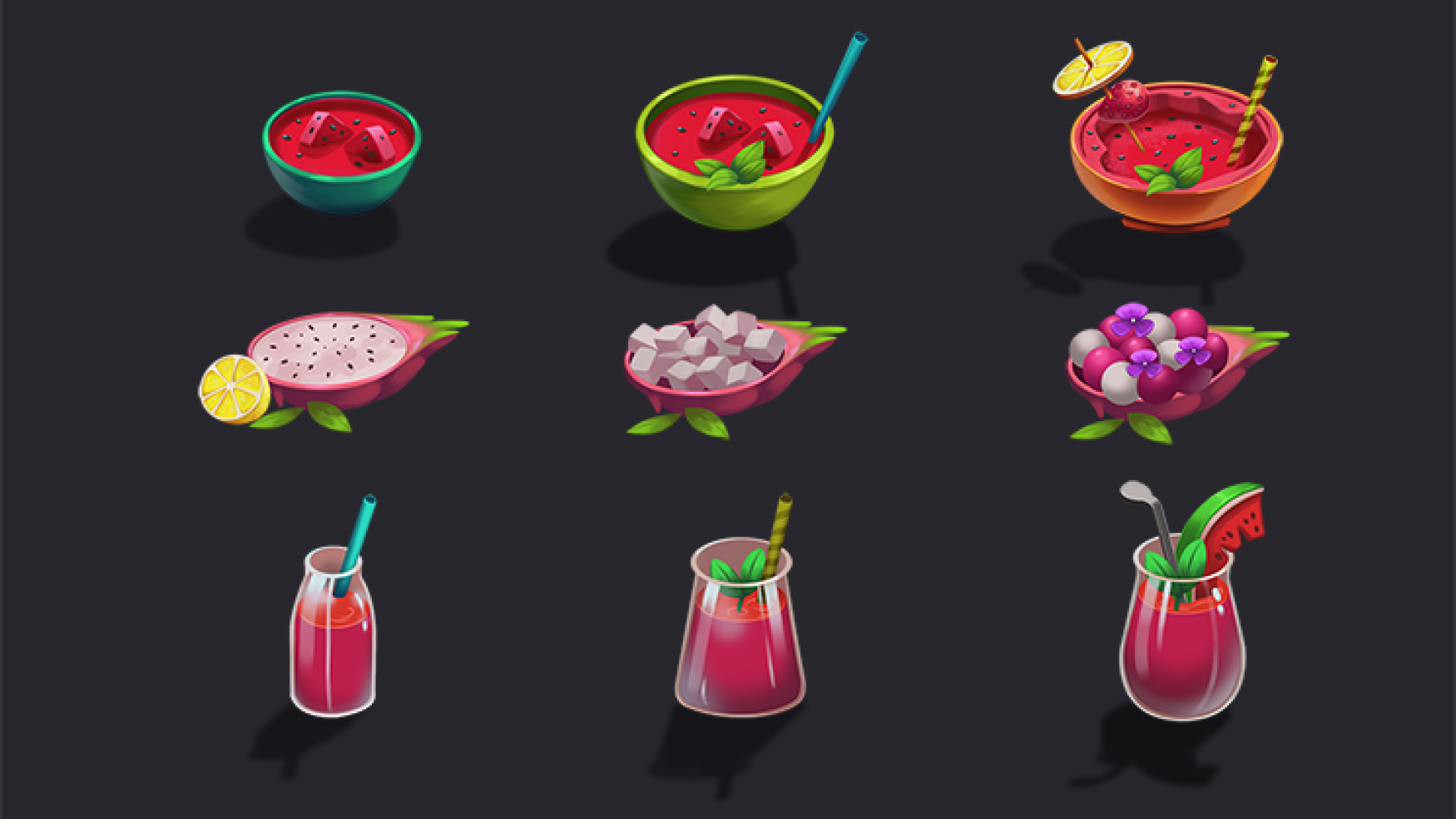 2D game asset design - 2D game art - prop design - 2D Game art of various fruit-based dishes and drinks displayed in bowls and glasses
