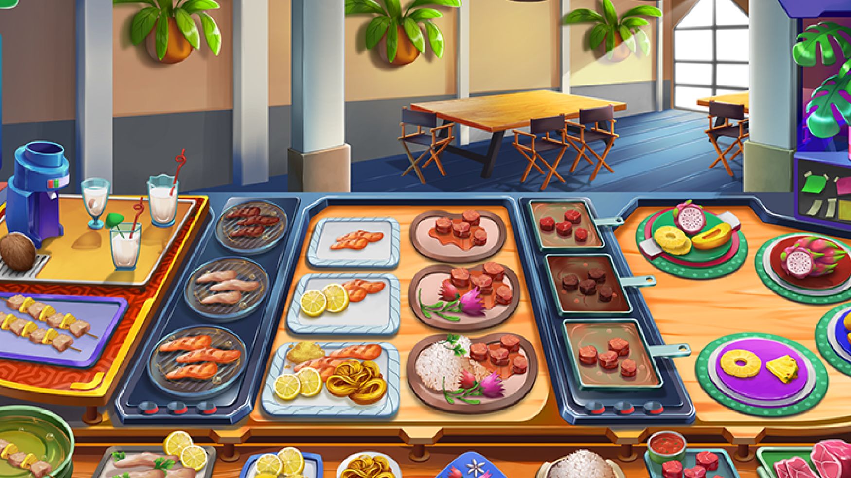 2D restaurant game art - Illustration - 2D game art - Game art depicting a vibrant buffet table filled with various food dishes