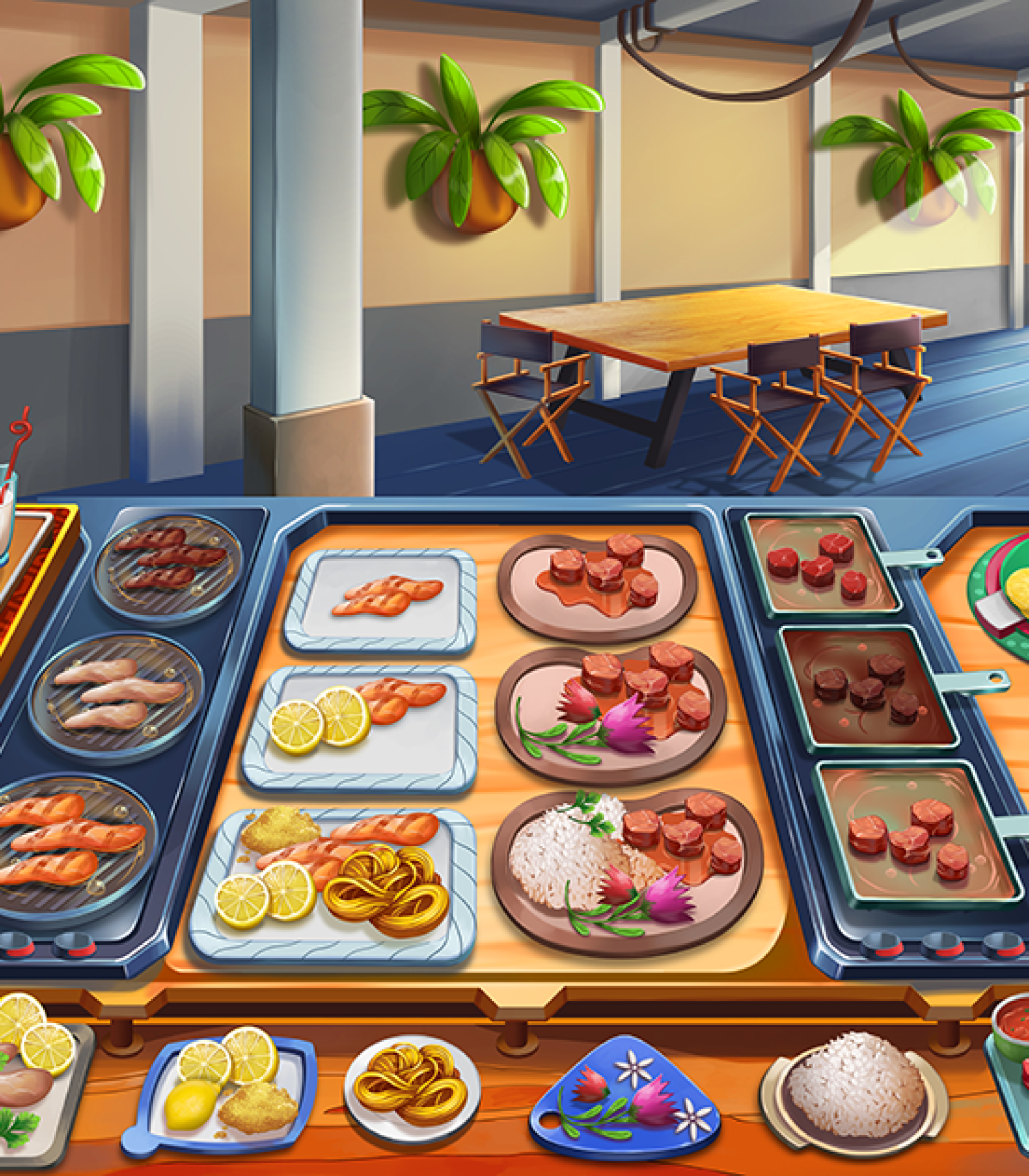 2D restaurant game art - Illustration - 2D game art - Game art depicting a vibrant buffet table filled with various food dishes