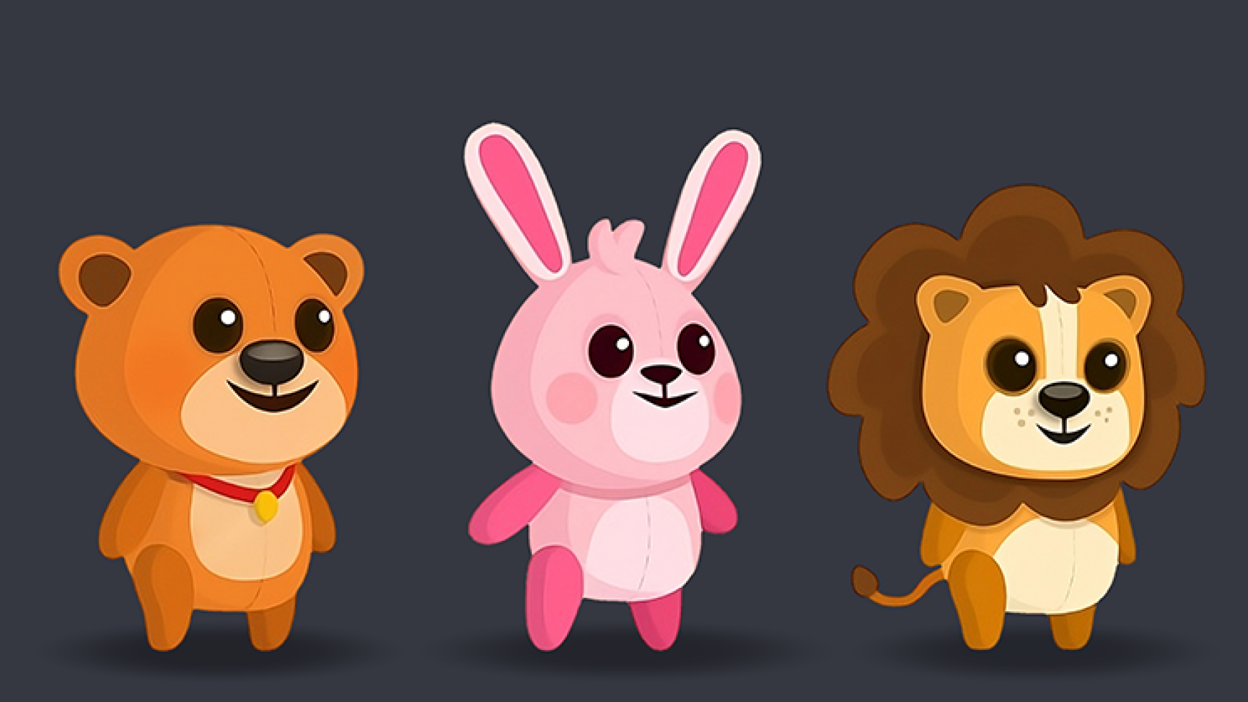 game character design - minimalist character design - 2D game character design - A lion, rabbit and bear on a gray background