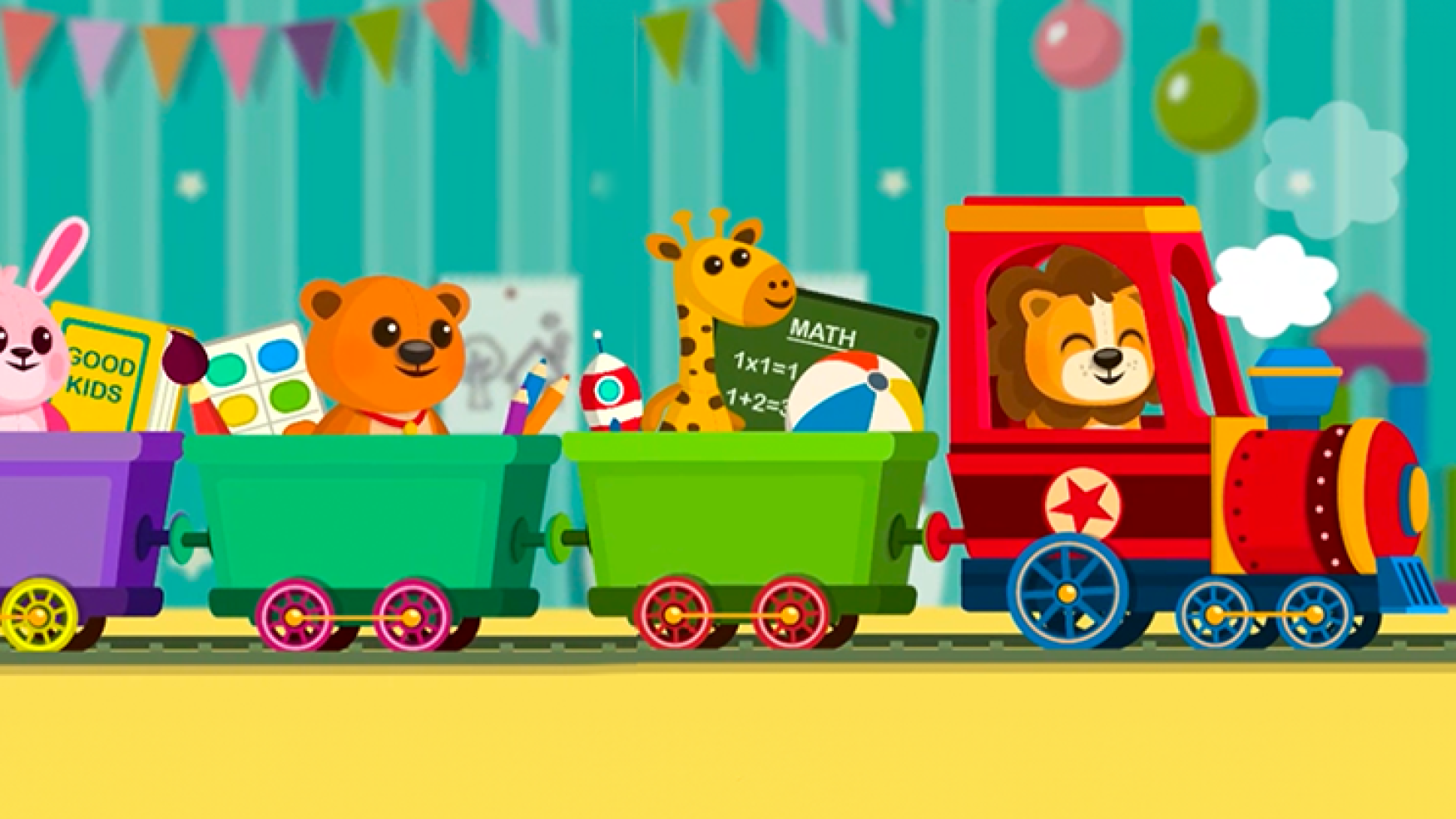 2D game art - Illustration - casual game art - A colorful children's train with animal characters and toys in each cart