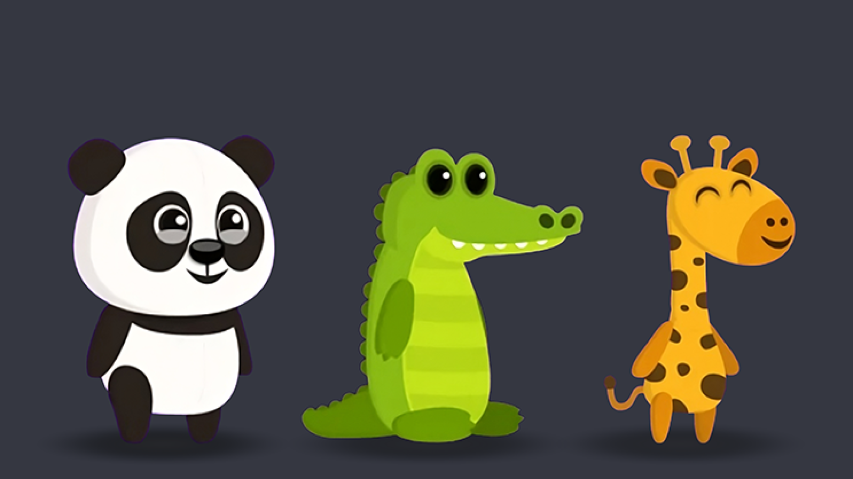 game character design - minimalist character design - 2D game character design - A panda, a crocodile and a giraffe with a smiling face