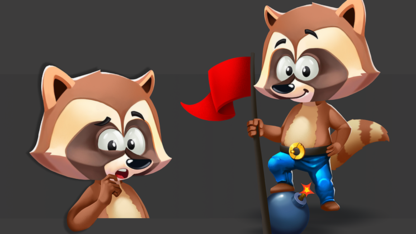 game character design - cartoon character design - 2D raccoon character design - Two cartoon raccoons with expressive faces