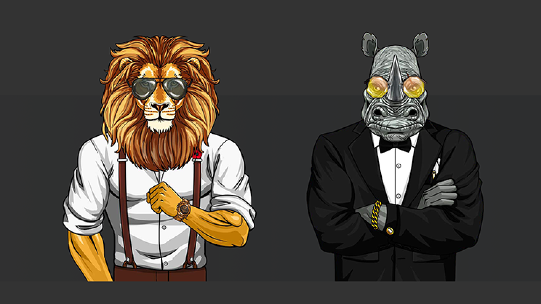 2D NFT character design -A lion wearing sunglasses and rhinoceros in a tuxedo with crossed arms.