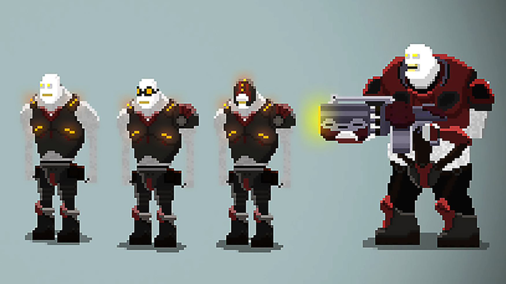 2D game character pixel art - Pixel art game character design featuring a large, menacing figure in black and red futuristic armor with glowing orange accents