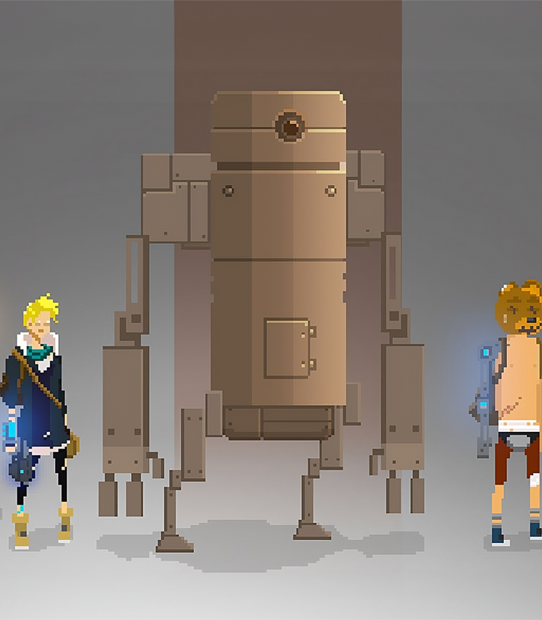 2D game pixel art - Pixel art game scene featuring a group of diverse characters standing around a large, brown robot