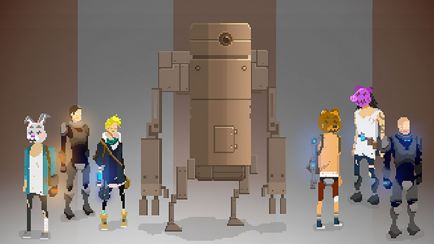 2D game pixel art - Pixel art game scene featuring a group of diverse characters standing around a large, brown robot