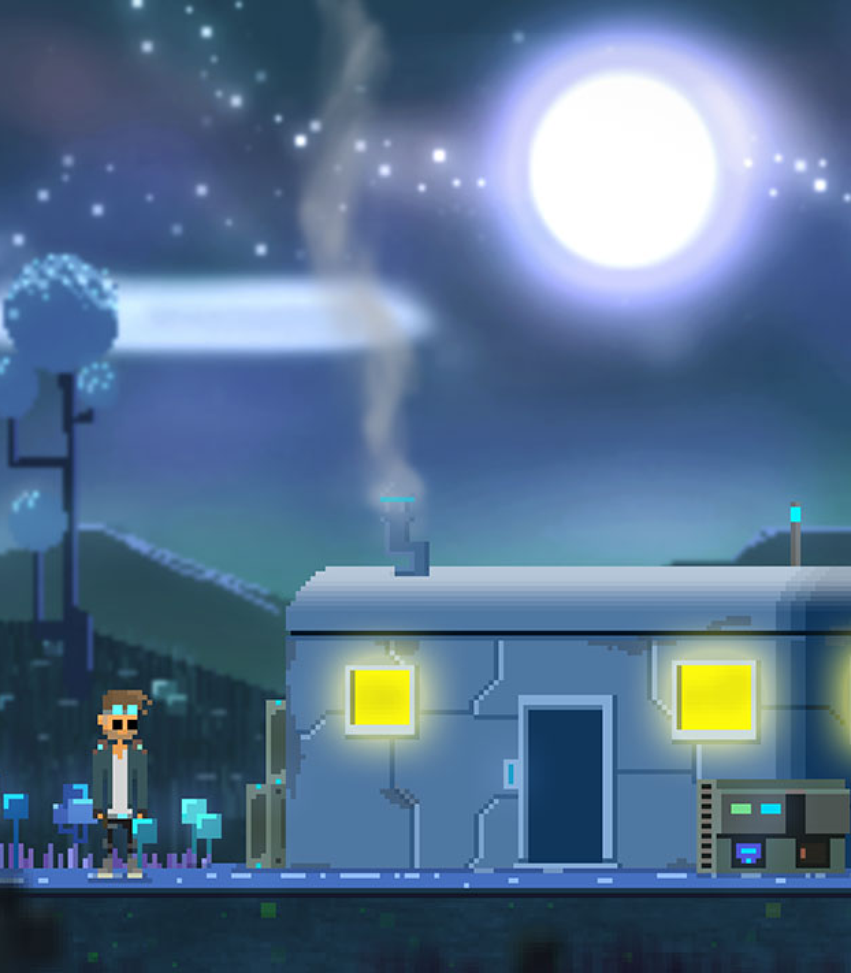 2D game pixel art - Pixel art game scene set in a tranquil, moonlit night environment