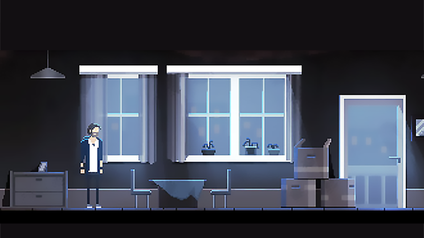 2D game pixel art - Pixel art game scene set in a dimly lit room with large windows. A character in a blue outfit stands on the left side of the room