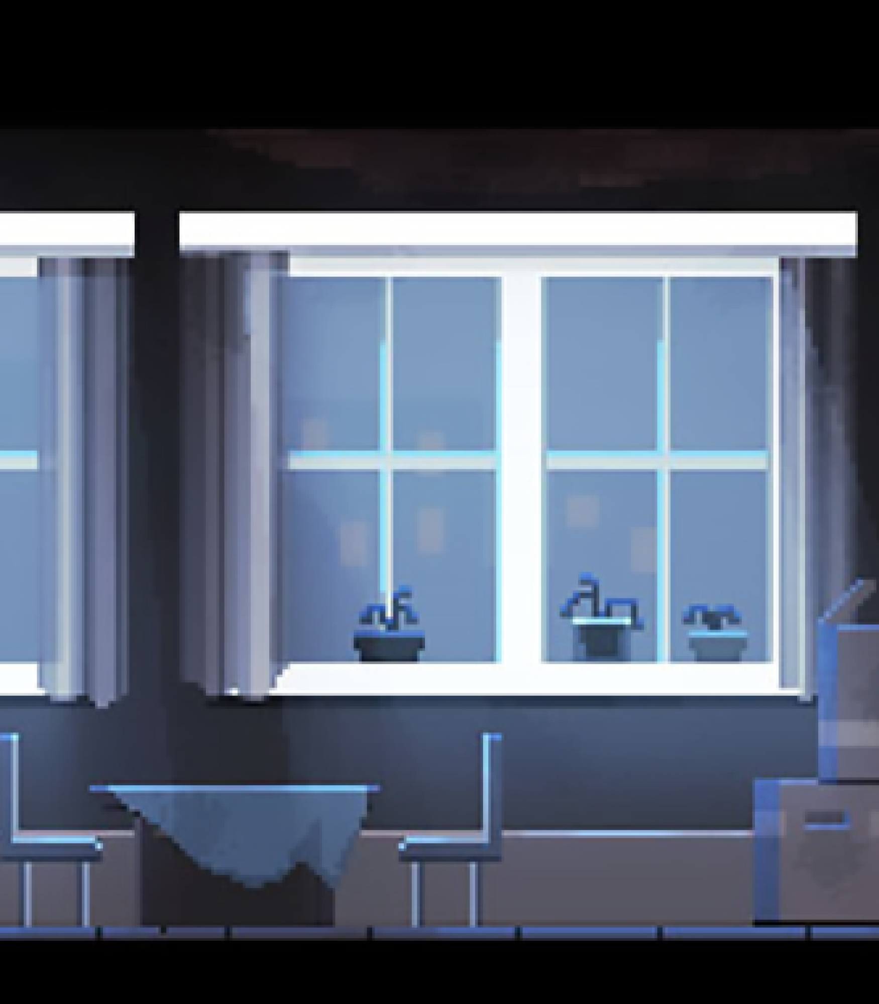 2D game pixel art - Pixel art game scene set in a dimly lit room with large windows. A character in a blue outfit stands on the left side of the room