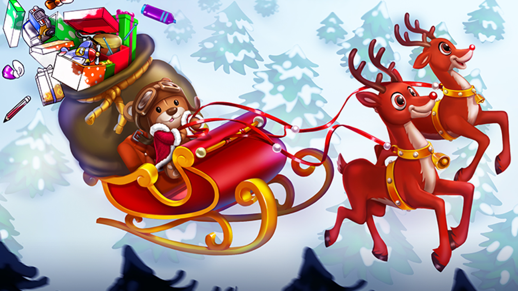 2D game art - illustration - A festive scene showing a cheerful teddy bear dressed in a pilot's outfit