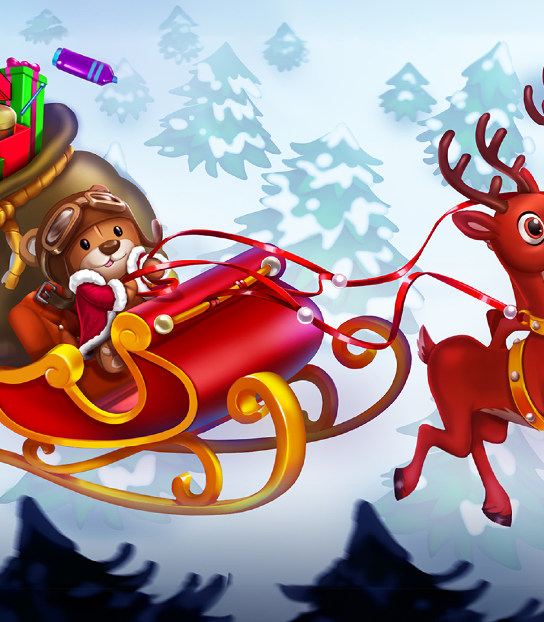 2D game art - illustration - A festive scene showing a cheerful teddy bear dressed in a pilot's outfit