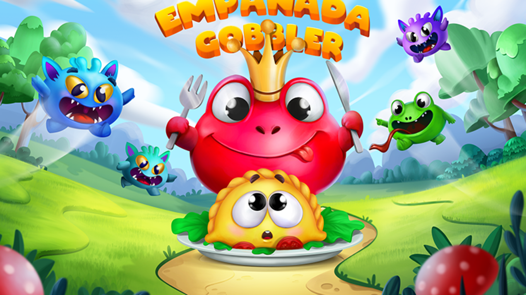 2D game art - illustration - Colorful game cover for "Empanada Gobbler," featuring a joyful, crowned red character wielding a fork and knife, about to eat a frightened empanada on a plate