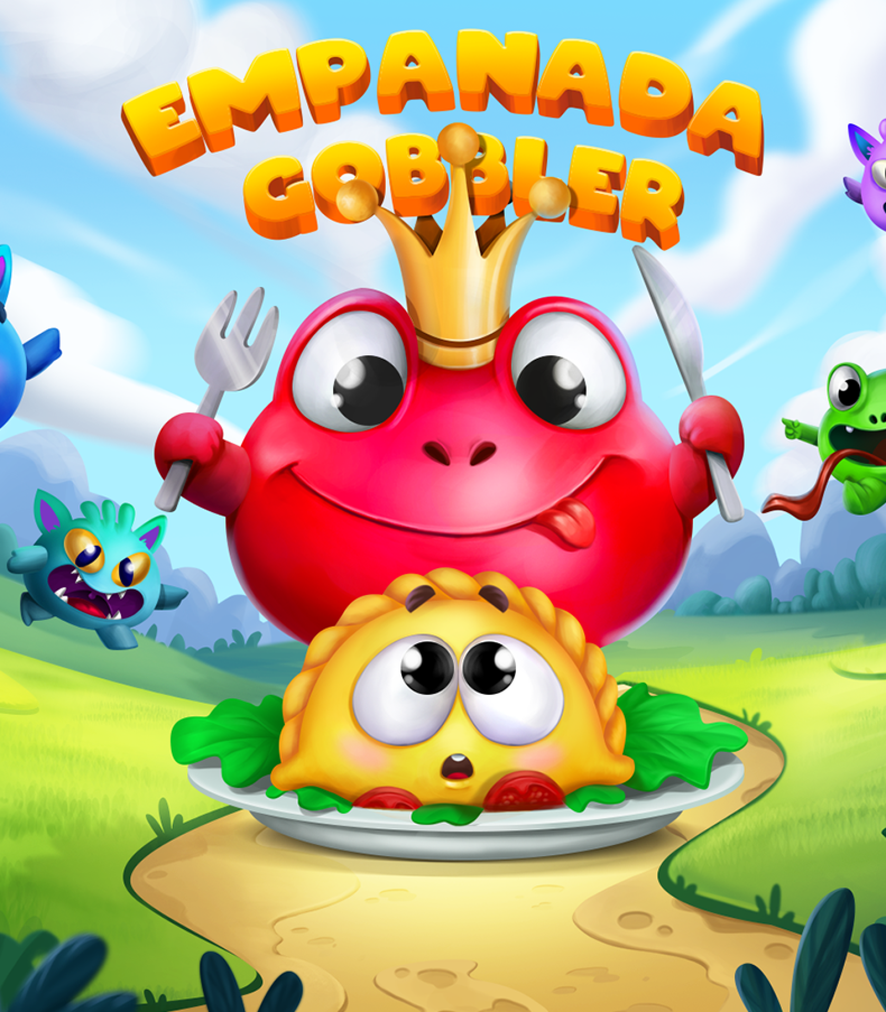 2D game art - illustration - Colorful game cover for "Empanada Gobbler," featuring a joyful, crowned red character wielding a fork and knife, about to eat a frightened empanada on a plate